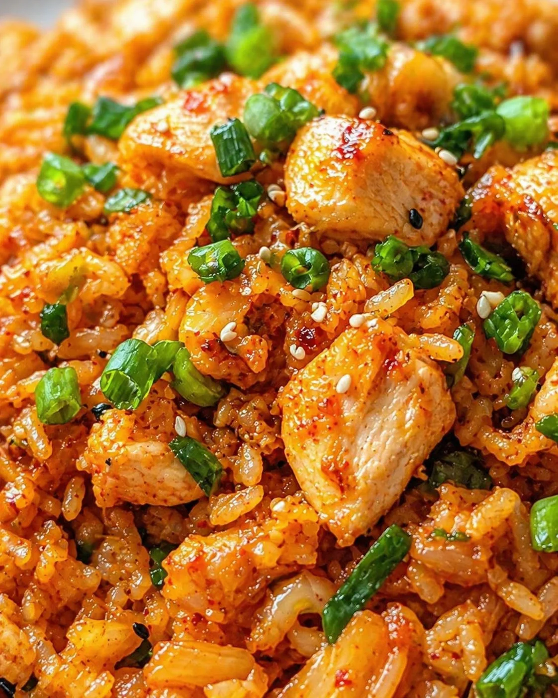 Tight detail shot of Kimchi Fried Rice with Chicken - Better Homebase highlighting texture