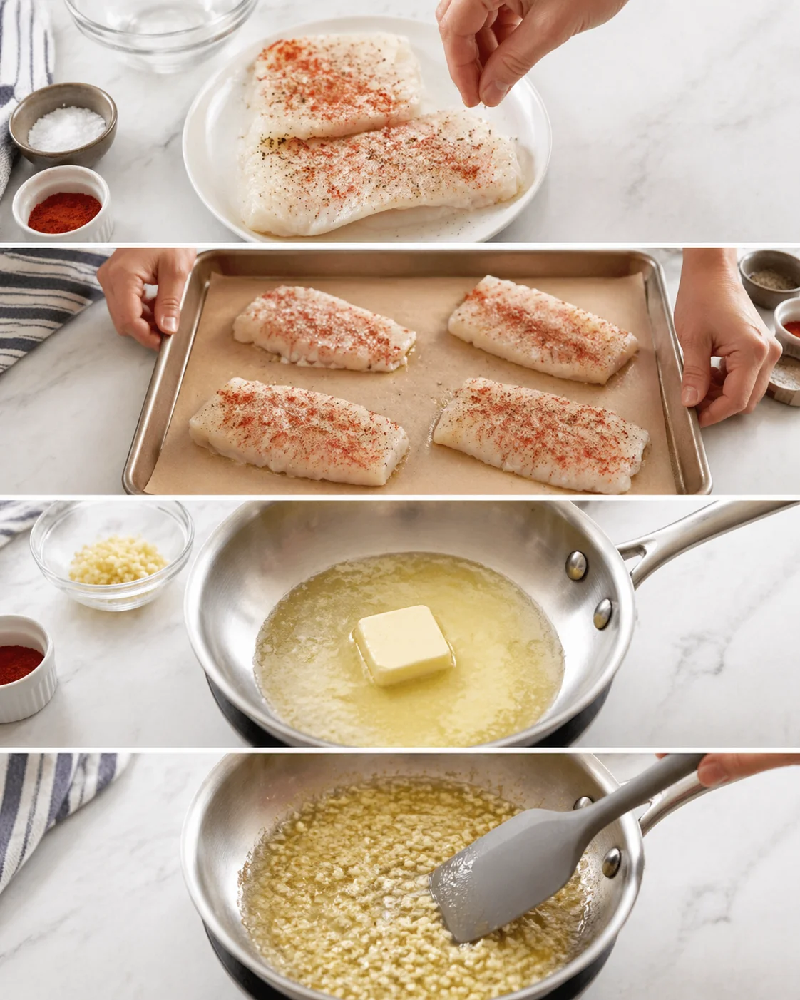Seasoned cod fillets spaced on parchment-lined baking sheet while garlic simmers in melted butter