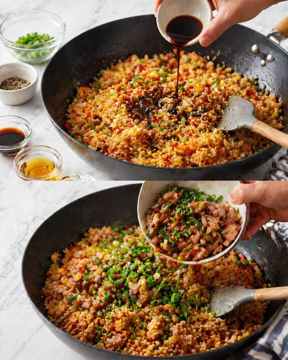 Dark sauces coating rice while cooked pork and chopped green onions are stirred back into pan.