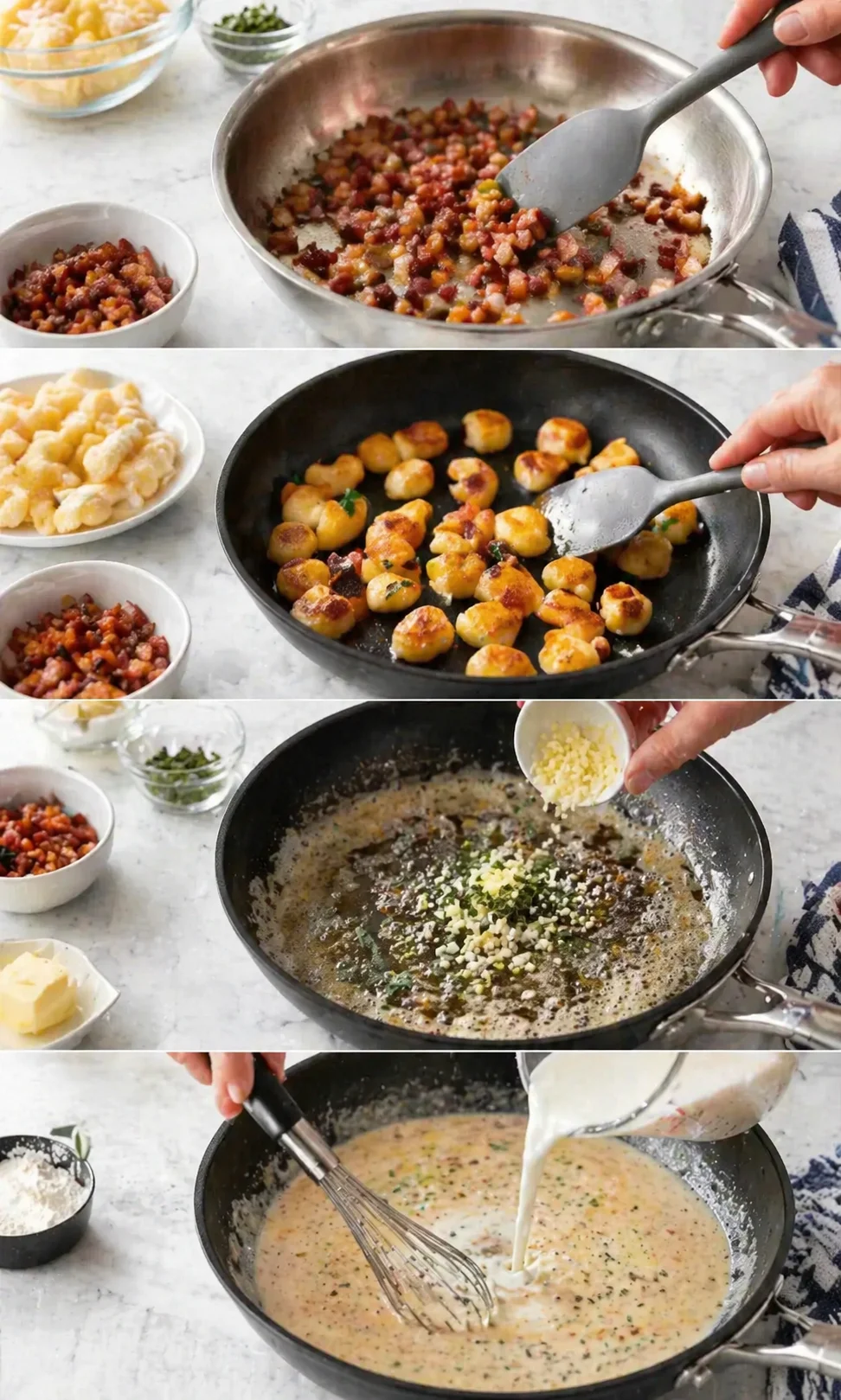 Golden gnocchi browning in a skillet while browned butter with oregano and garlic simmers