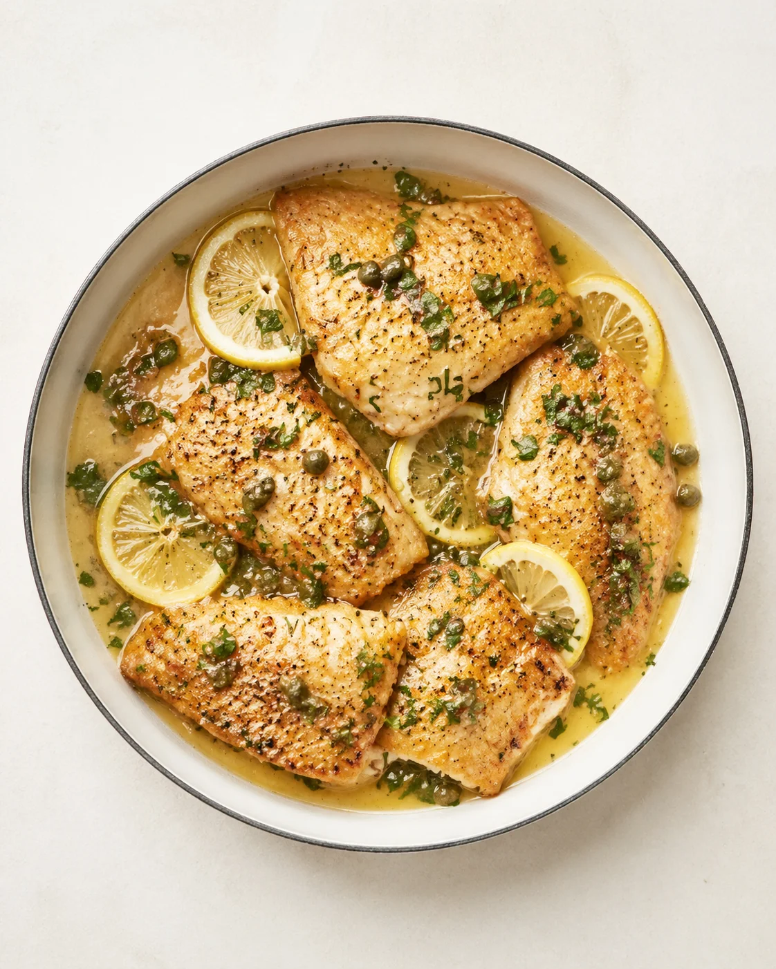 Straight-down overhead view of Cod Piccata: An Incredible Ultimate Recipe You Must Try – Crispy Savors