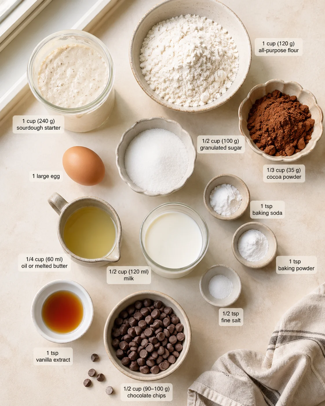 Measured ingredients arranged for Flavorful Baked Cod with Mayo and Parmesan: 1 cup (240 g) active or discard sourdough starter (100% hydration), 1 cup (120 g) all-purpose flour, 1/3 cup (35 g) unsweetened cocoa powder, 