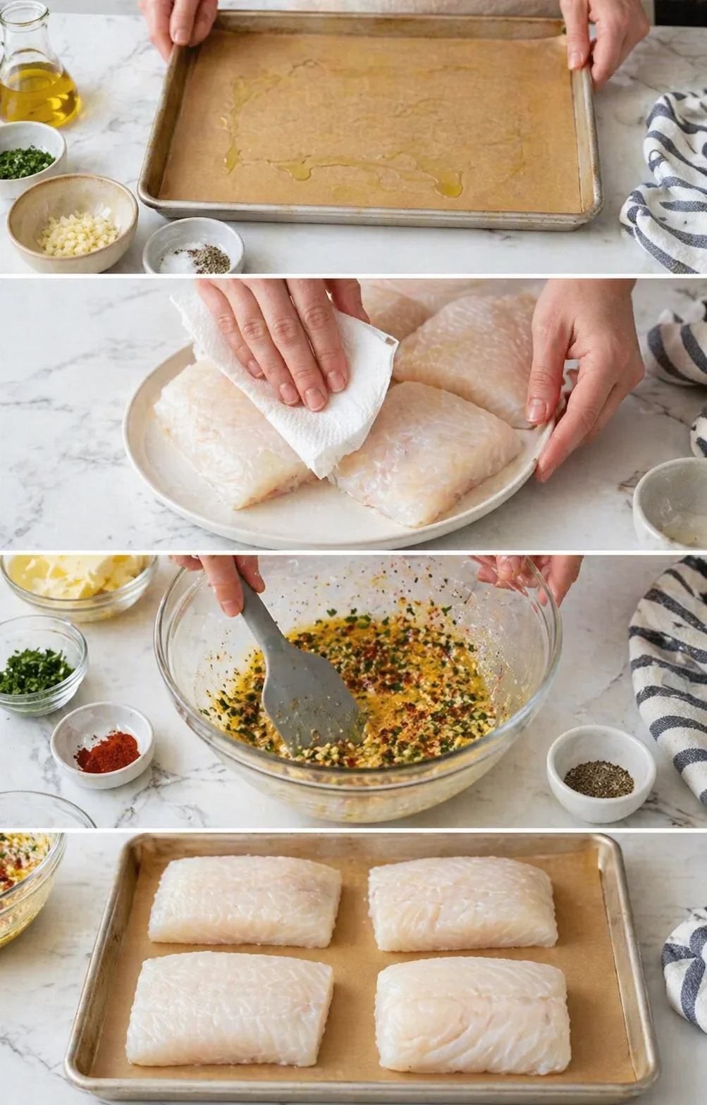 Parchment-lined baking sheet with evenly spaced cod filets and bowl of garlic-herb butter.