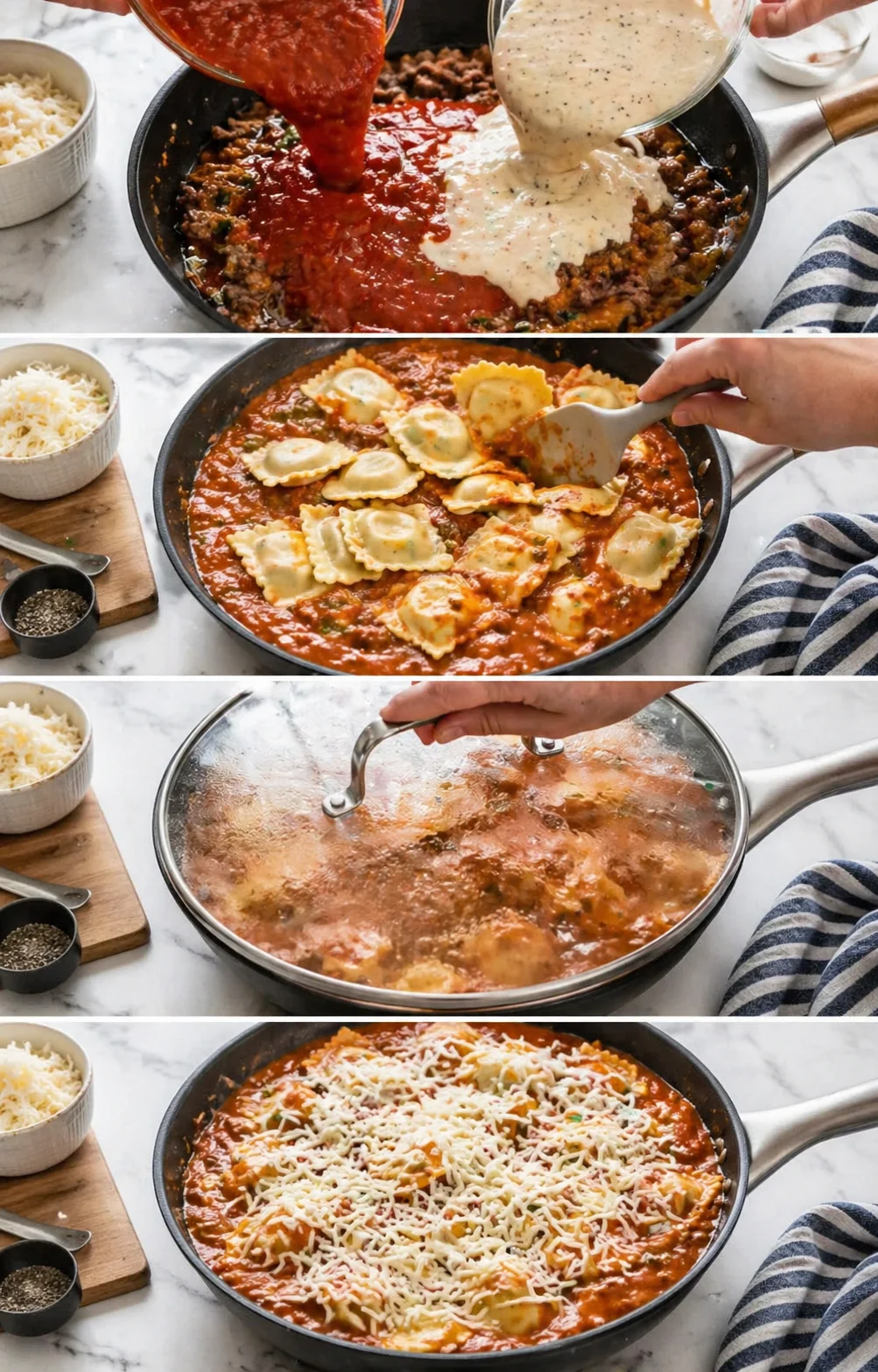 Cheese ravioli coated in combined tomato and roasted garlic Alfredo sauce, topped with melted mozzarella.