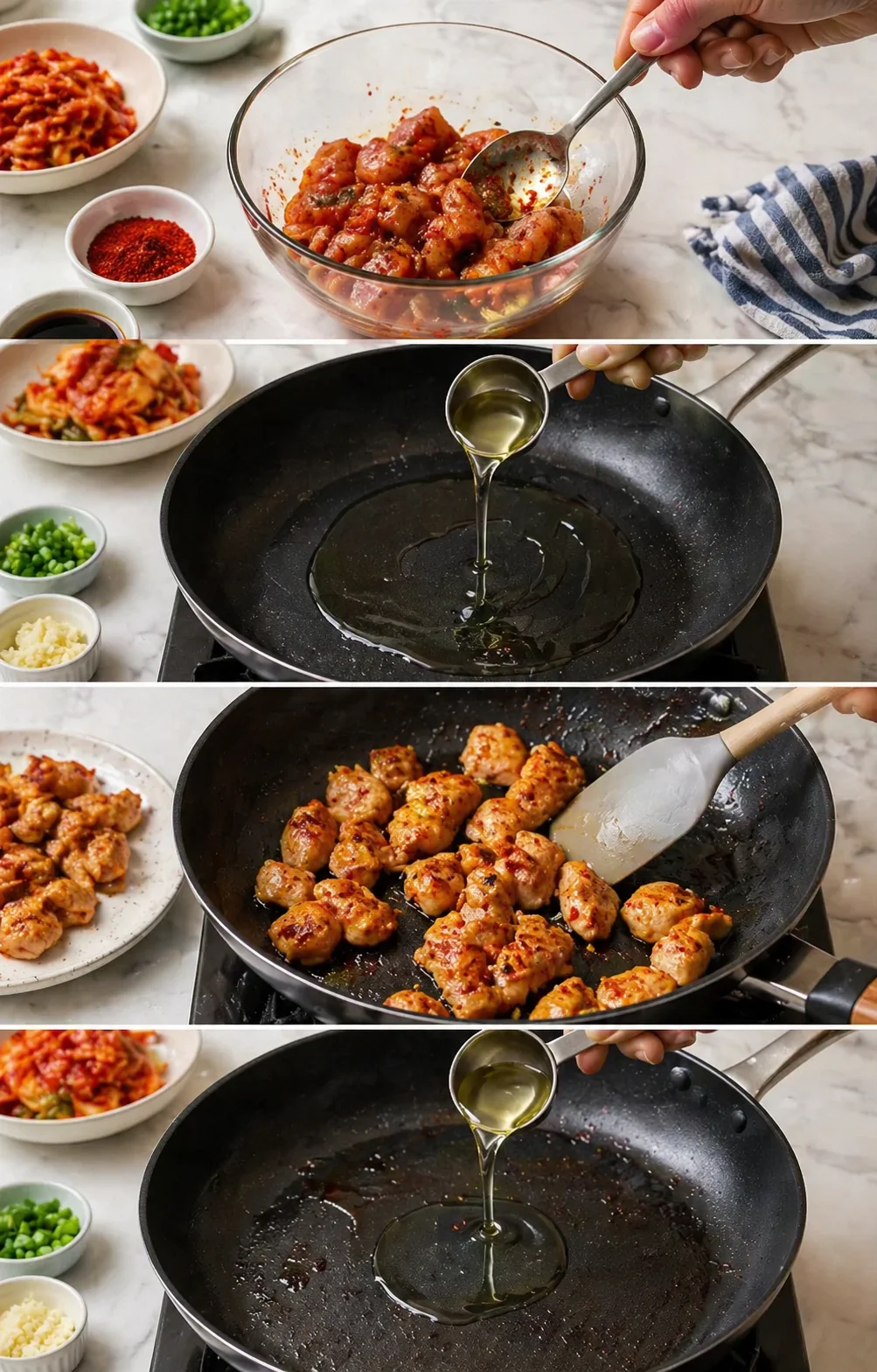 Marinated chicken pieces browning in a skillet while cooked pieces are removed and pan oiled.