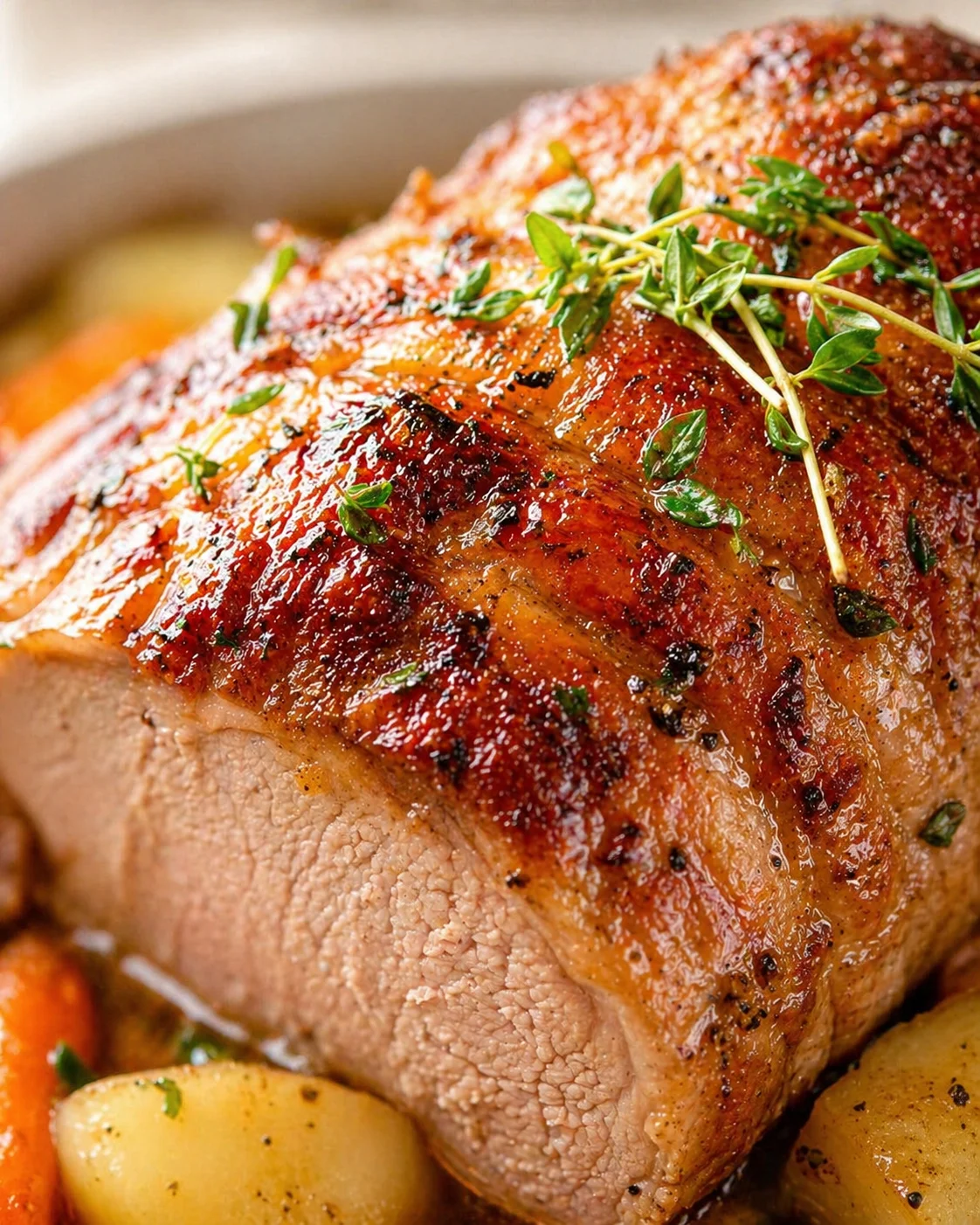 Tight detail shot of Easy Dutch Oven Pork Loin Recipe highlighting texture