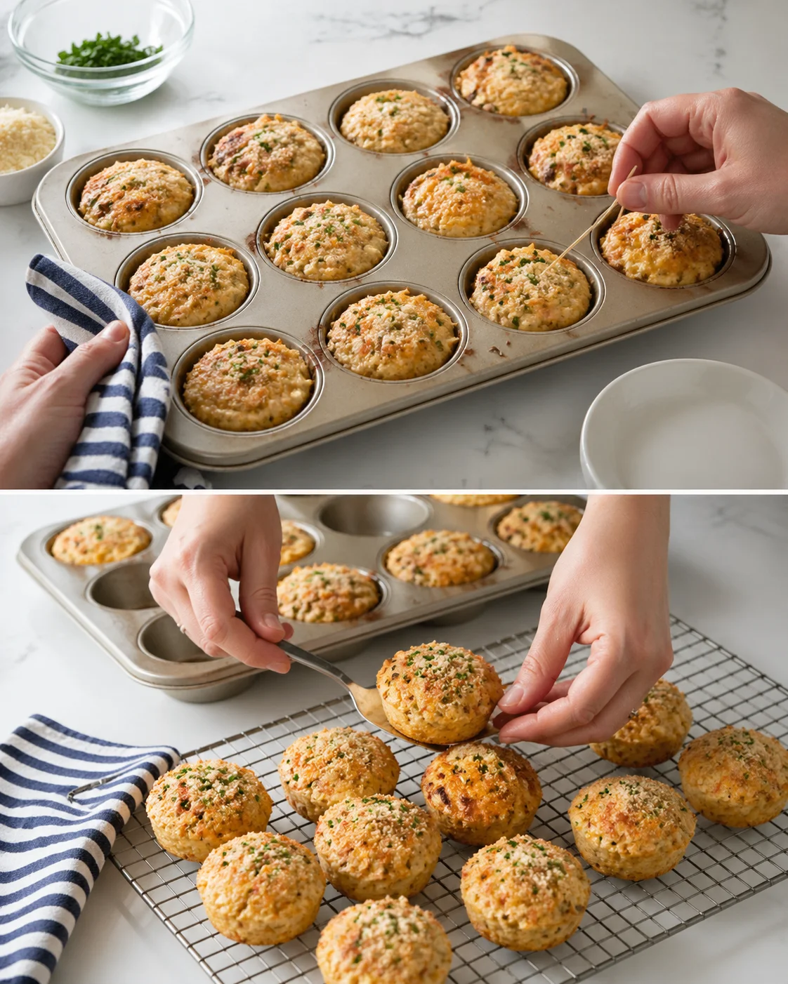 Golden muffins in pan with toothpick tested; after brief cooling, transferring muffins to wire rack.