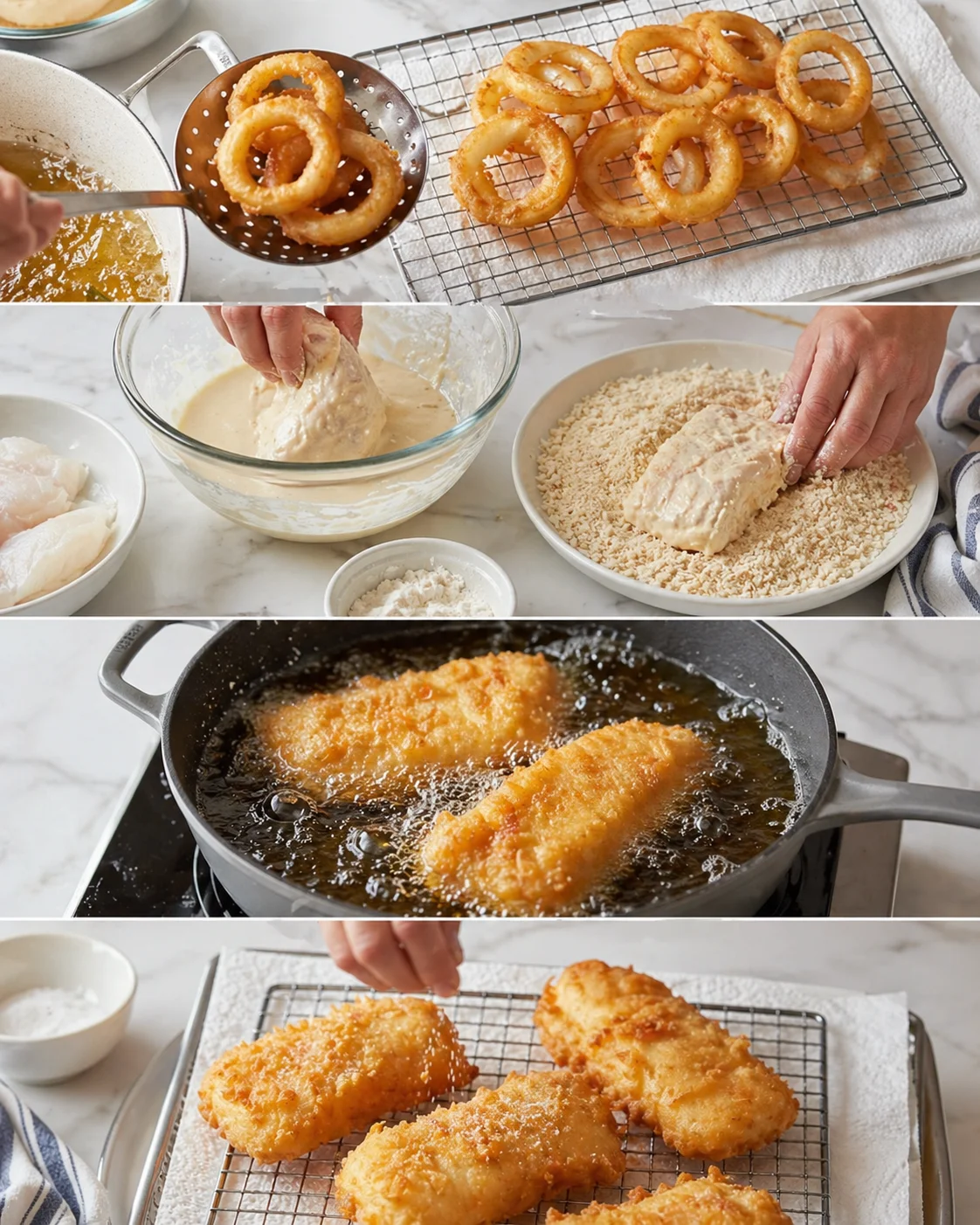 Fried cod pieces on wire rack being sprinkled with salt, nearby tongs holding freshly fried pieces.