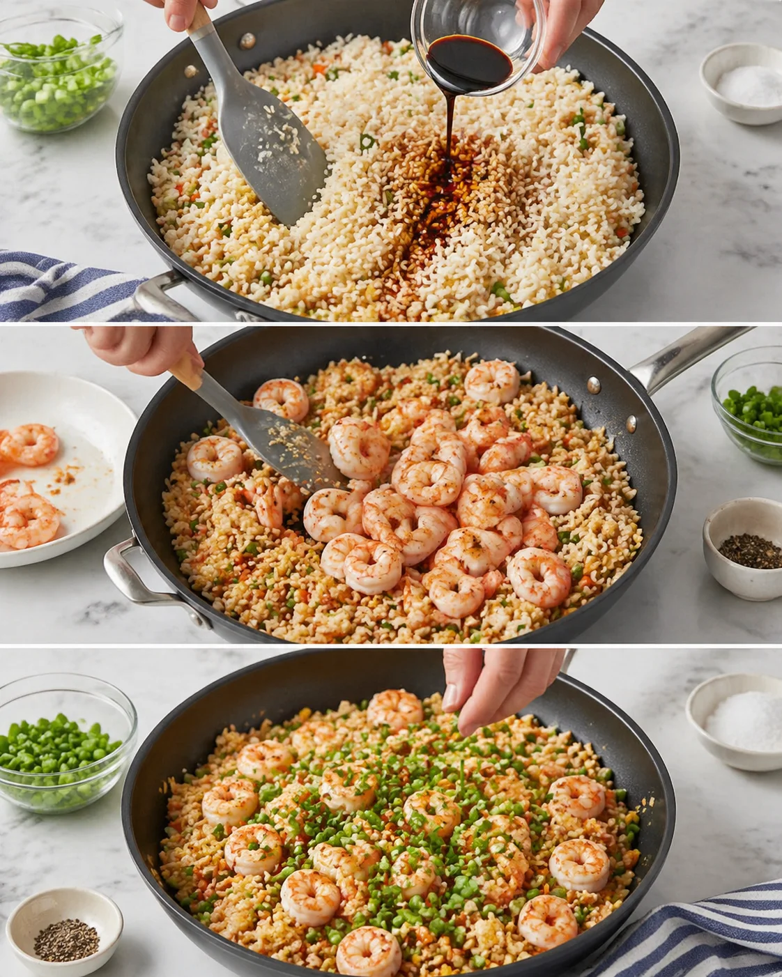 Rice and soy sauce tossed in pan, shrimp folded back in, green onions sprinkled.