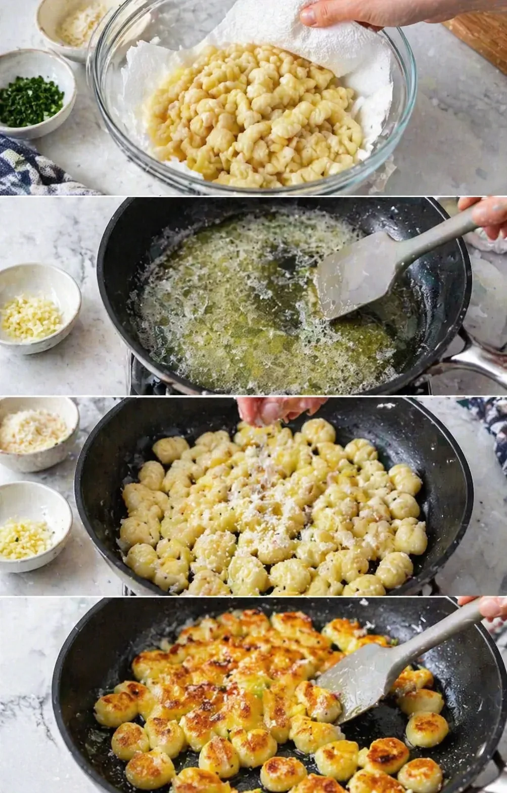 Golden-brown gnocchi pieces sizzling in butter in a skillet, spread in single layer