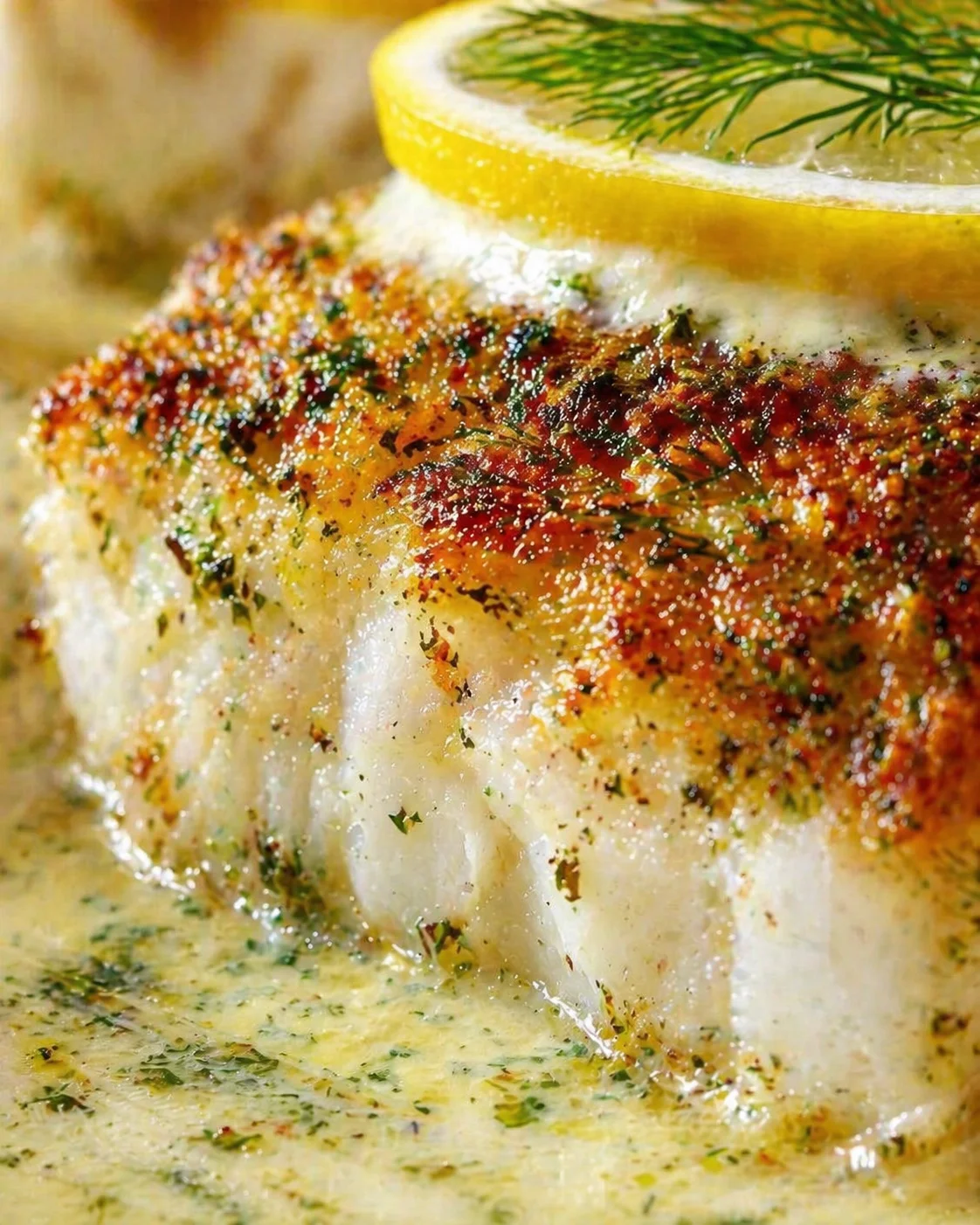 Tight detail shot of Baked Cod Recipe (Easy, Flaky & Flavorful) highlighting texture