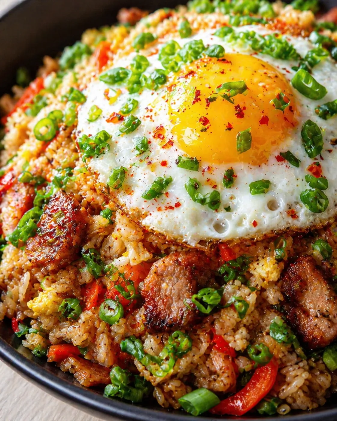 Final plated Transform Day-old Rice Into Delicious Pork Fried Rice Tonight! served as a hero shot