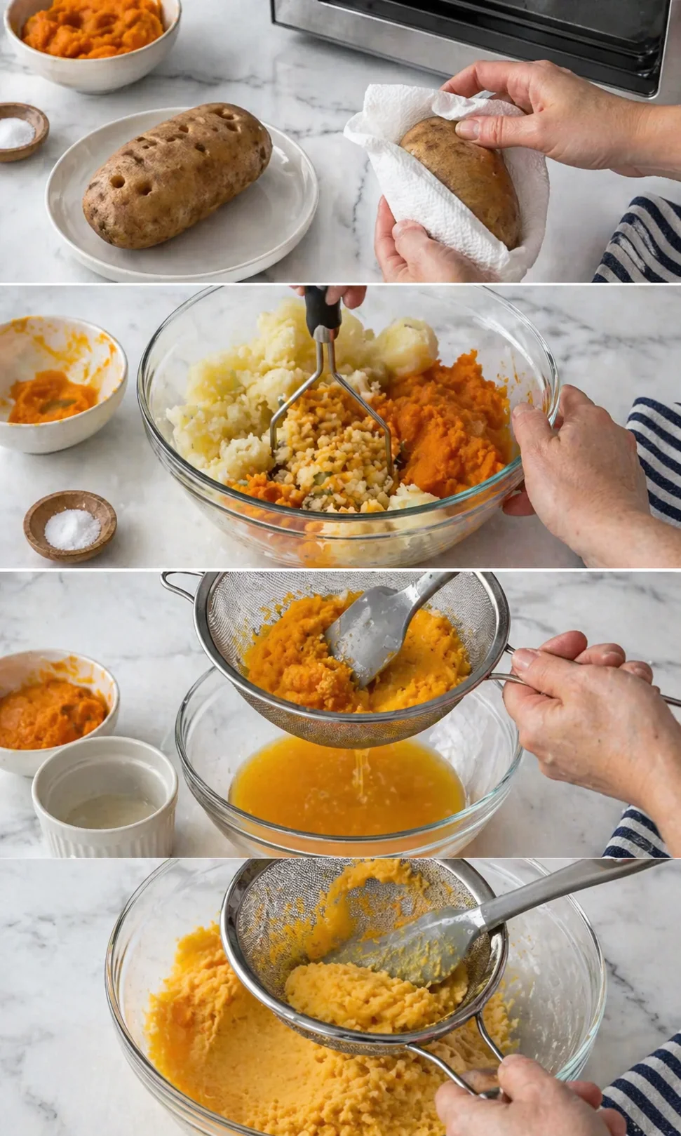 Mashed potato flesh being mixed with pumpkin purée in a bowl until smooth and creamy
