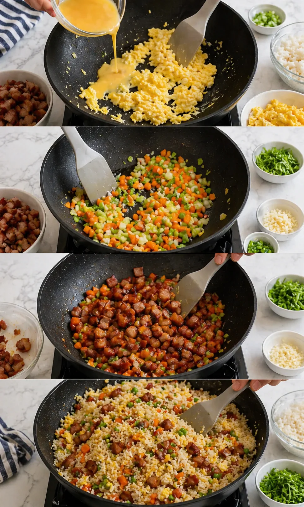 Wok mid-stir-fry: scrambled eggs removed, garlic, white onion, carrots, pork caramelizing, rice being stirred.