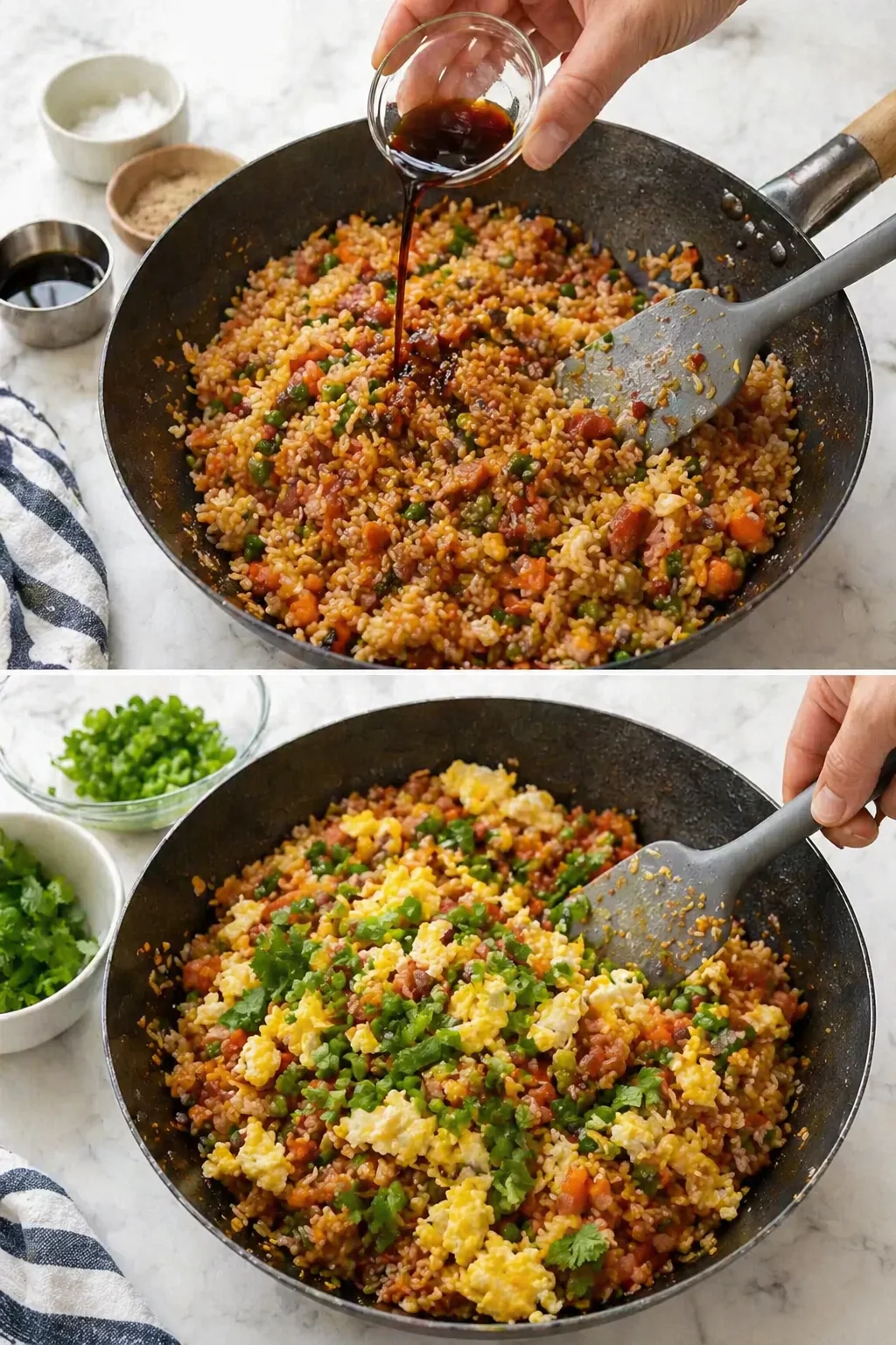 Seasoned rice in wok with soy and pepper, eggs folded in, green onions and coriander tossed.