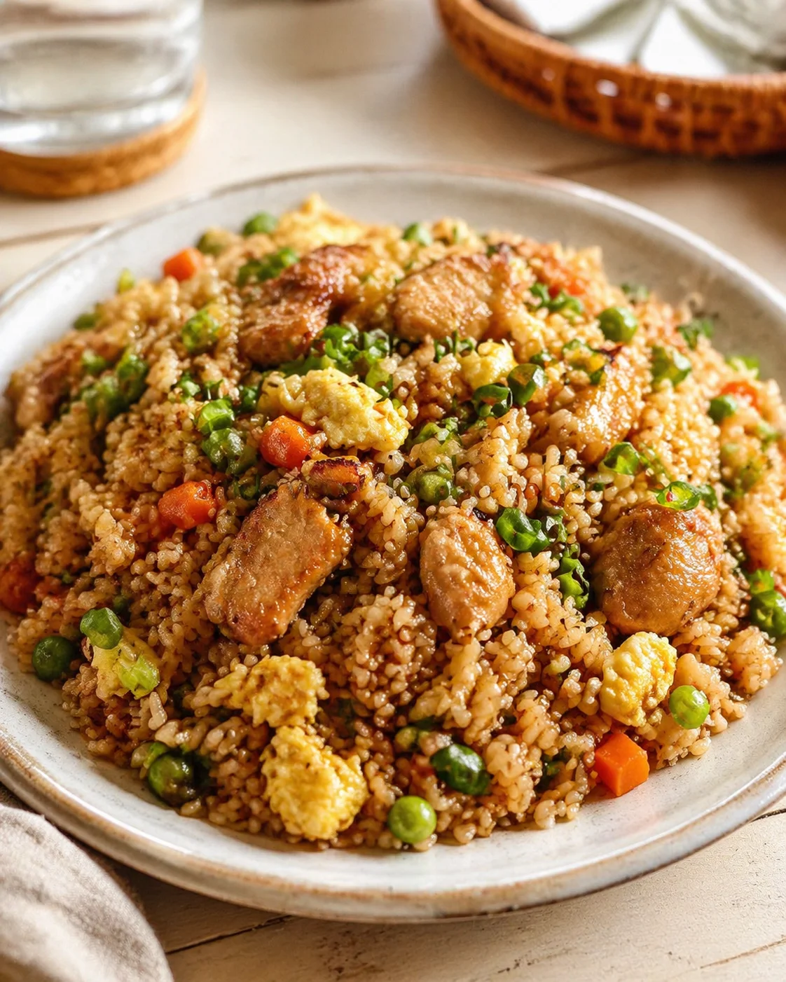 Single plated variation of Authentic Chinese Fried Rice with Global Street Market Flavor shown in a natural kitchen scene