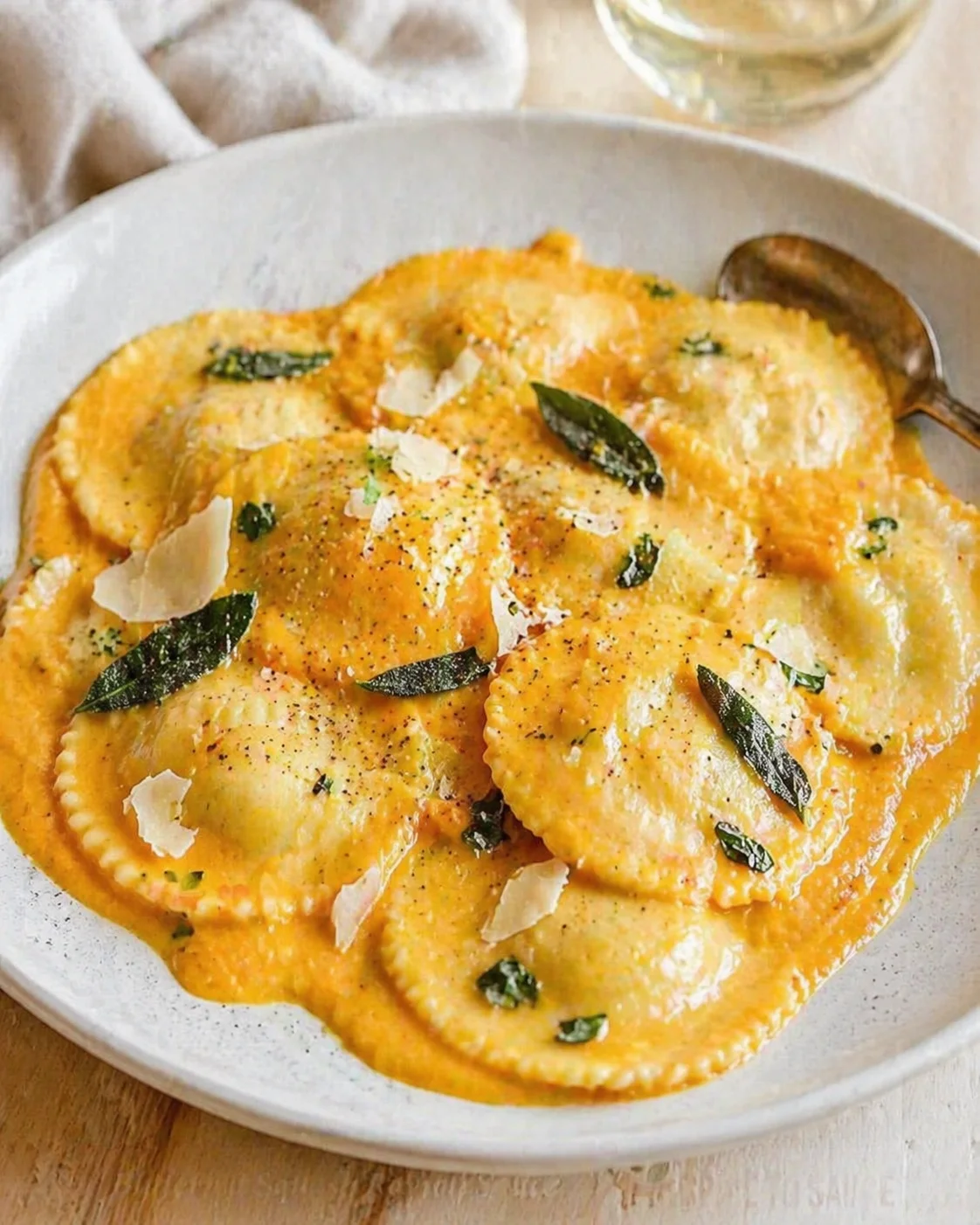 Single plated variation of Delicious and Creamy Butternut Squash Ravioli Sauce Recipe shown in a natural kitchen scene
