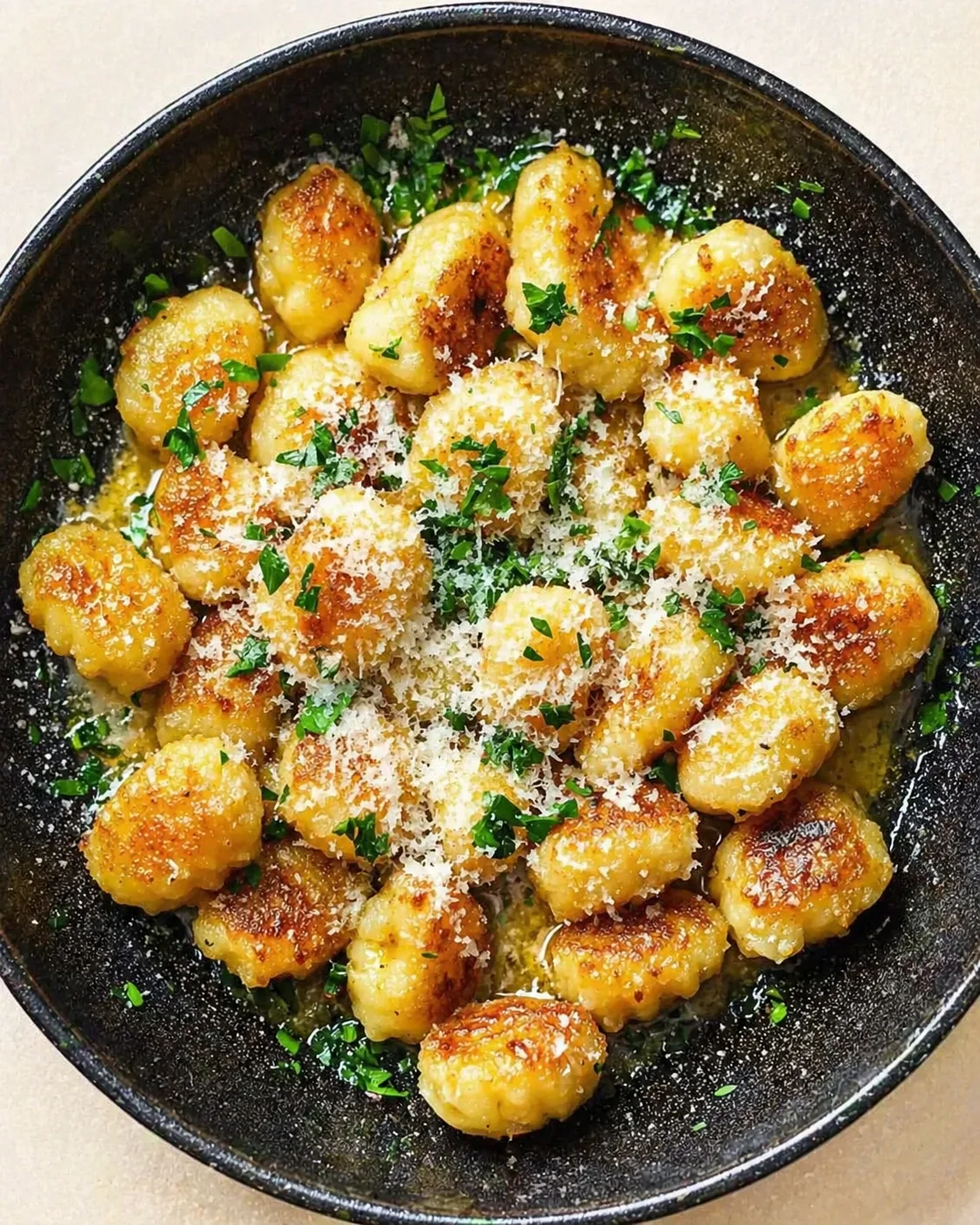 Straight-down overhead view of Garlic Butter Parmesan Fried Gnocchi – A Crispy Comfort Delight