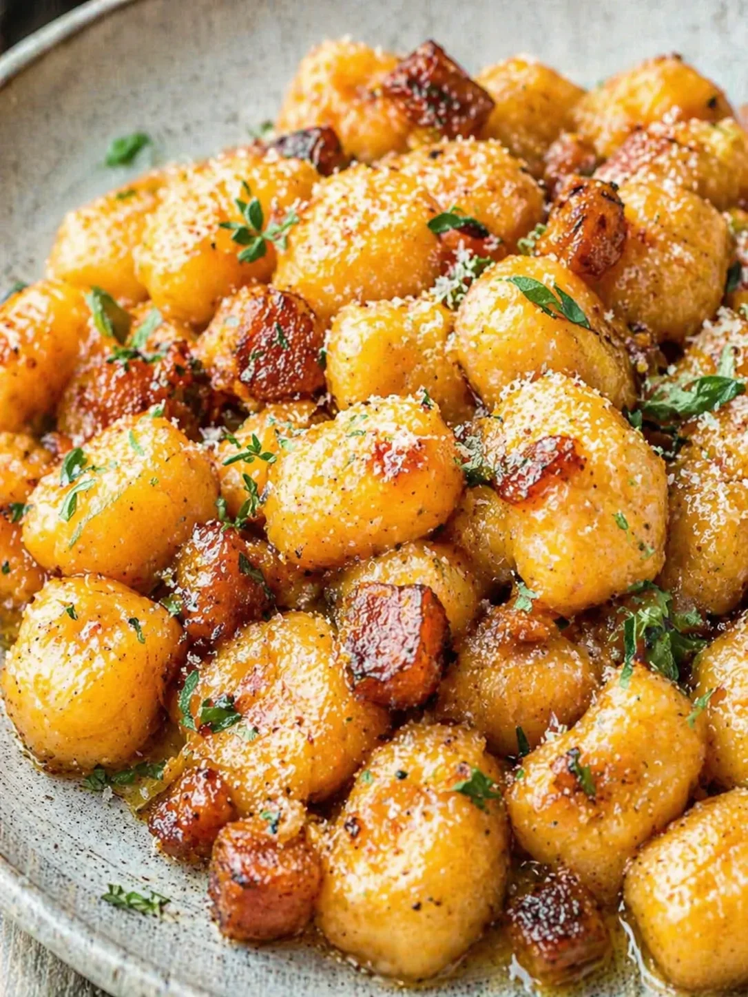 Final plated Irresistible Pumpkin Gnocchi with Brown Butter Sauce served as a hero shot