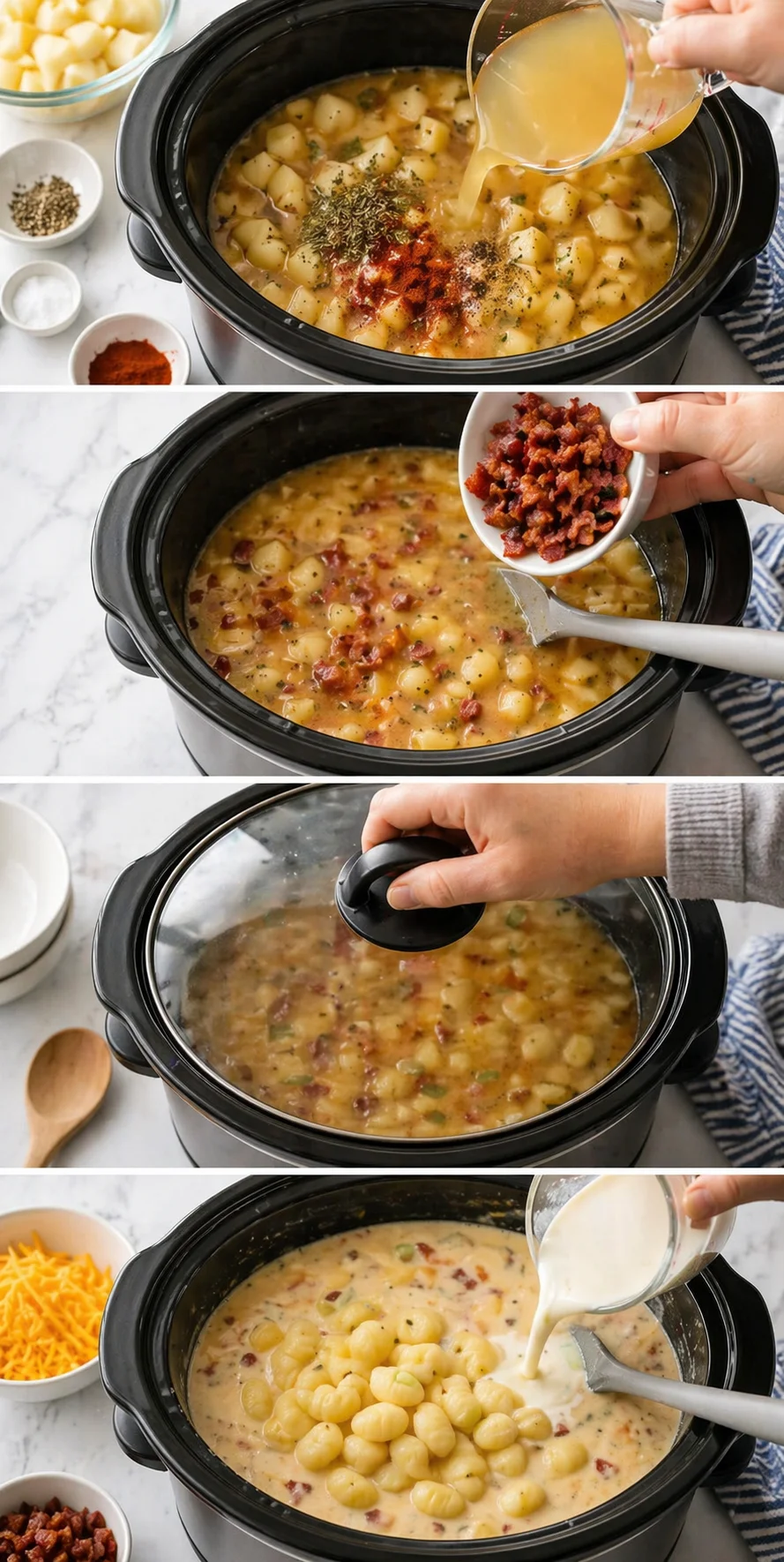 step-process-placeholder-5-8.png Slow cooker filled with chicken broth, diced potatoes, spices, and chunks of bacon stirred together.