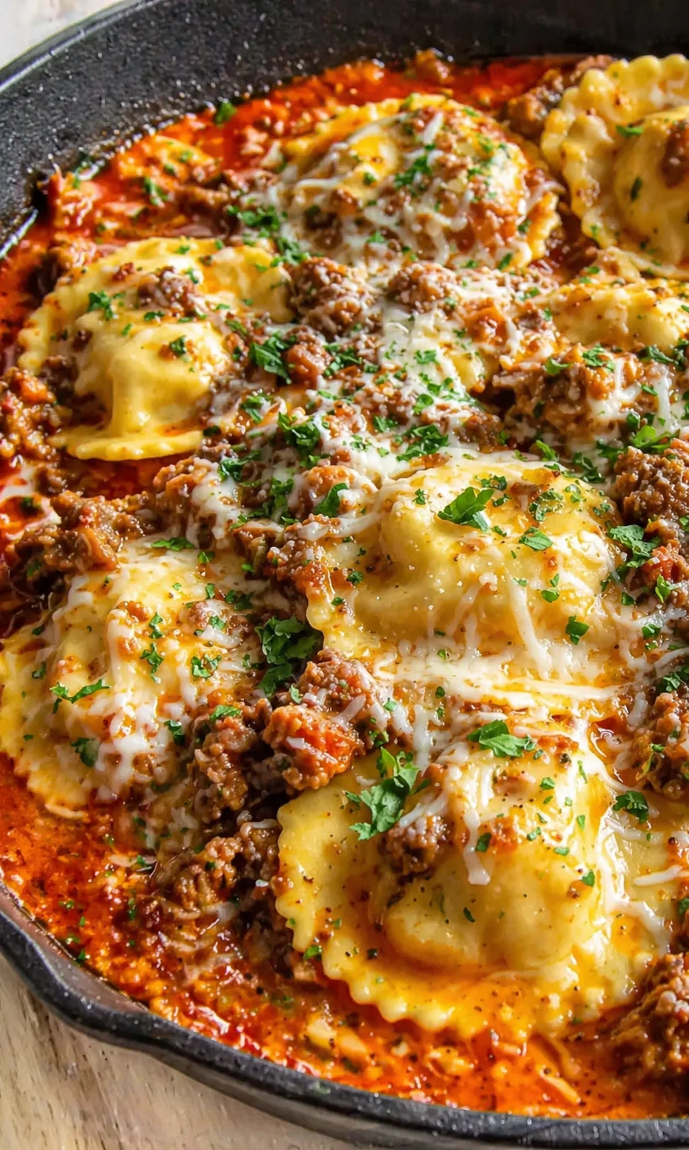 Final plated Million Dollar Cheese Ravioli served as a hero shot