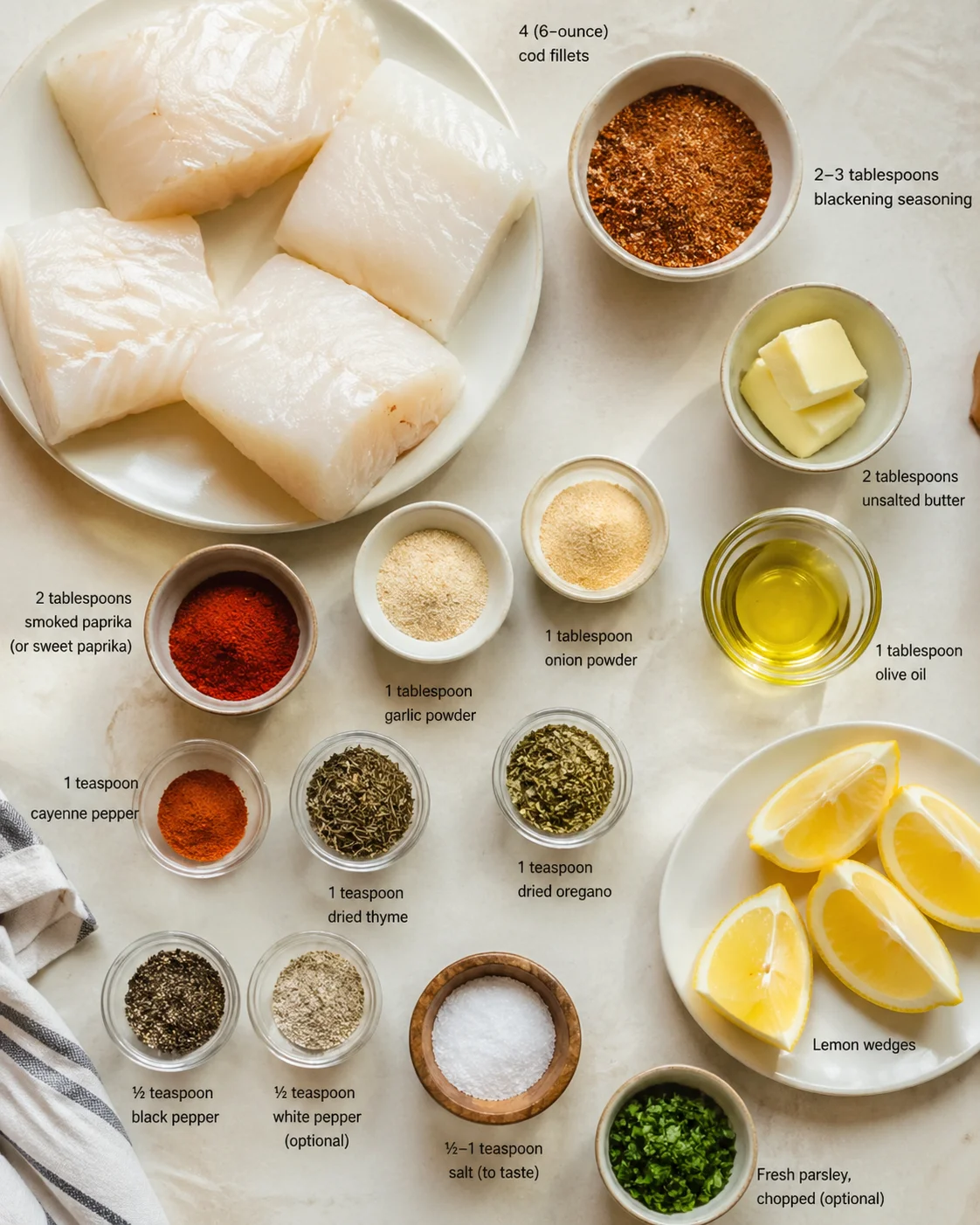 Measured ingredients arranged for Easy Blackened Cod Recipe Recipe: 4 (6-ounce) cod fillets, about 1–1.5 inches thick, skinless, 2–3 tablespoons blackening seasoning (homemade or store-bought, see notes above for homemad