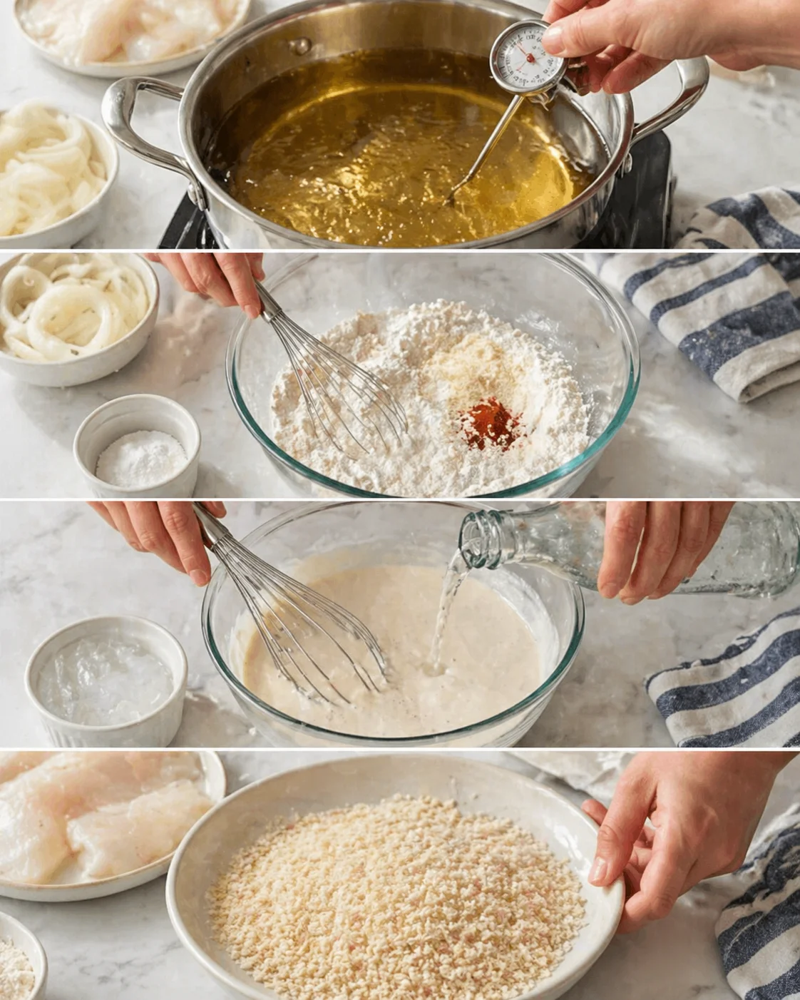 Thermometer in heating oil beside bowl of whisked pale batter and shallow dish of panko.