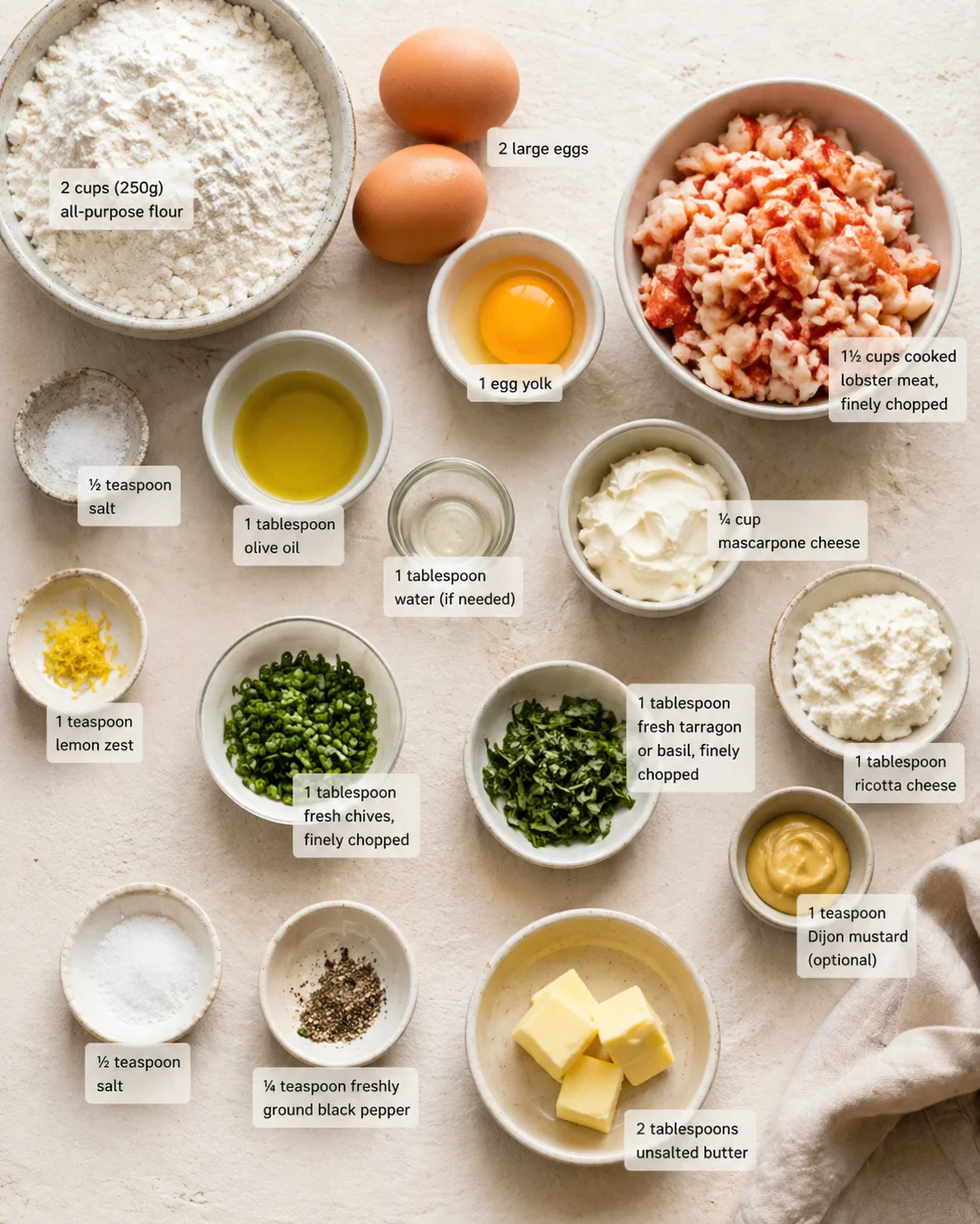 Measured ingredients arranged for Gordon Ramsay Lobster Ravioli Recipe – A Luxurious Homemade Pasta Dish: 2 cups (250g) all-purpose flour, 2 large eggs, 1 egg yolk, ½ teaspoon salt, 1 tablespoon olive oil, 1 tablespoon w