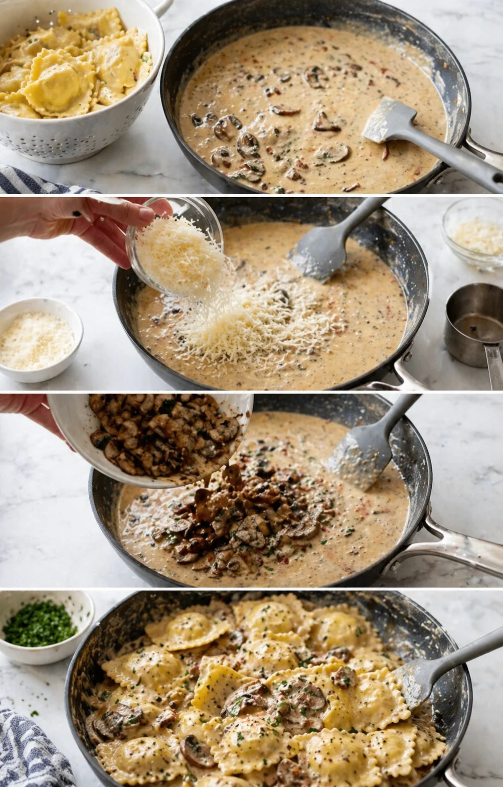 Cheese melting into creamy sauce as sautéed mushrooms are folded in and ravioli coated.
