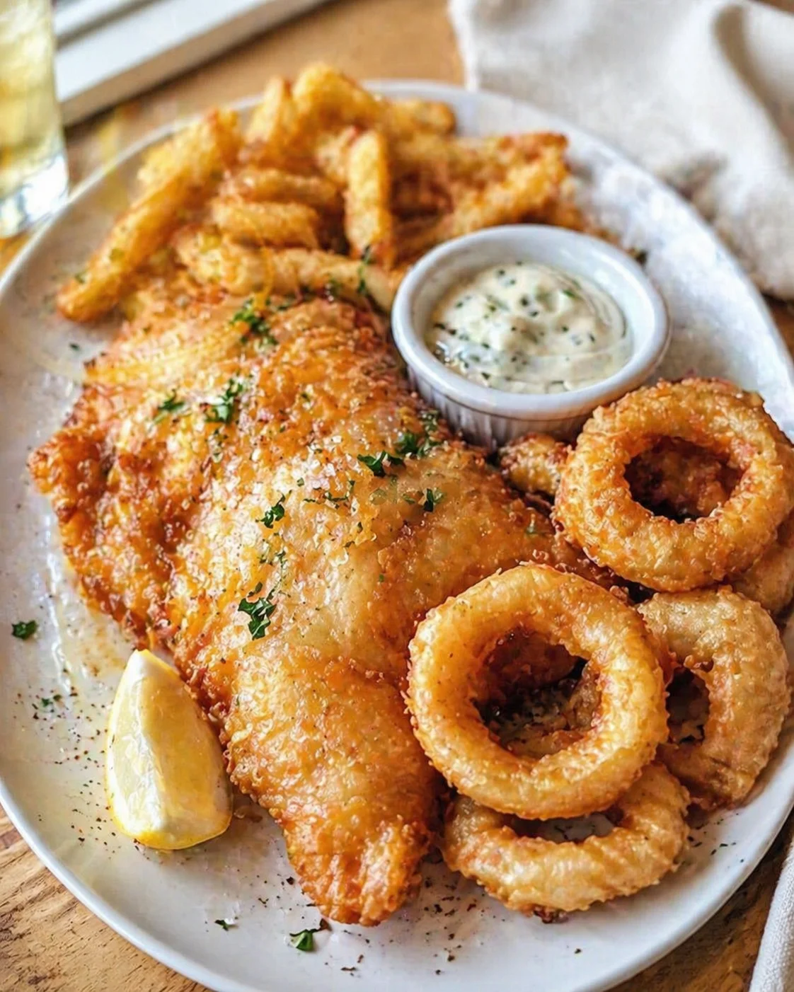 Single plated variation of Crispy Battered Cod And Onion Rings Platter shown in a natural kitchen scene