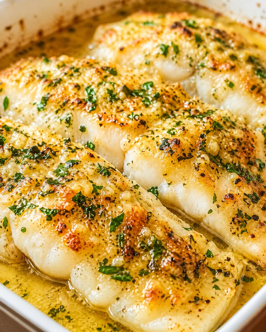 Final plated Easy Garlic Butter Baked Cod Fillets: Restaurant-Quality Seafood at Home served as a hero shot