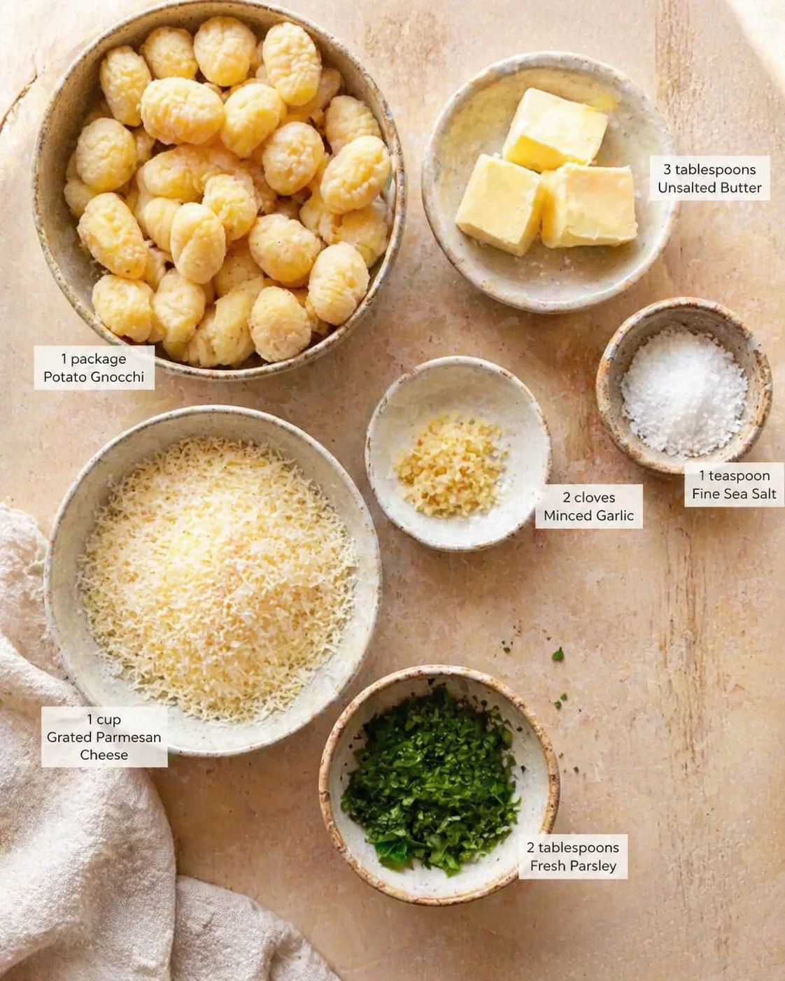 Measured ingredients arranged for Garlic Butter Parmesan Fried Gnocchi – A Crispy Comfort Delight: 3 tablespoons Unsalted Butter — This adds a rich flavor while frying; swap for plant-based butter or olive oil for a vega