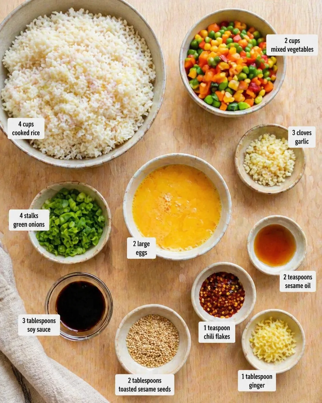 Measured ingredients arranged for Easy 20-Minute Veggie Fried Rice That Bursts with Flavor: 4 cups cooked rice — best if chilled overnight to prevent clumping, 2 cups mixed vegetables — like carrots, peas, bell peppers, 