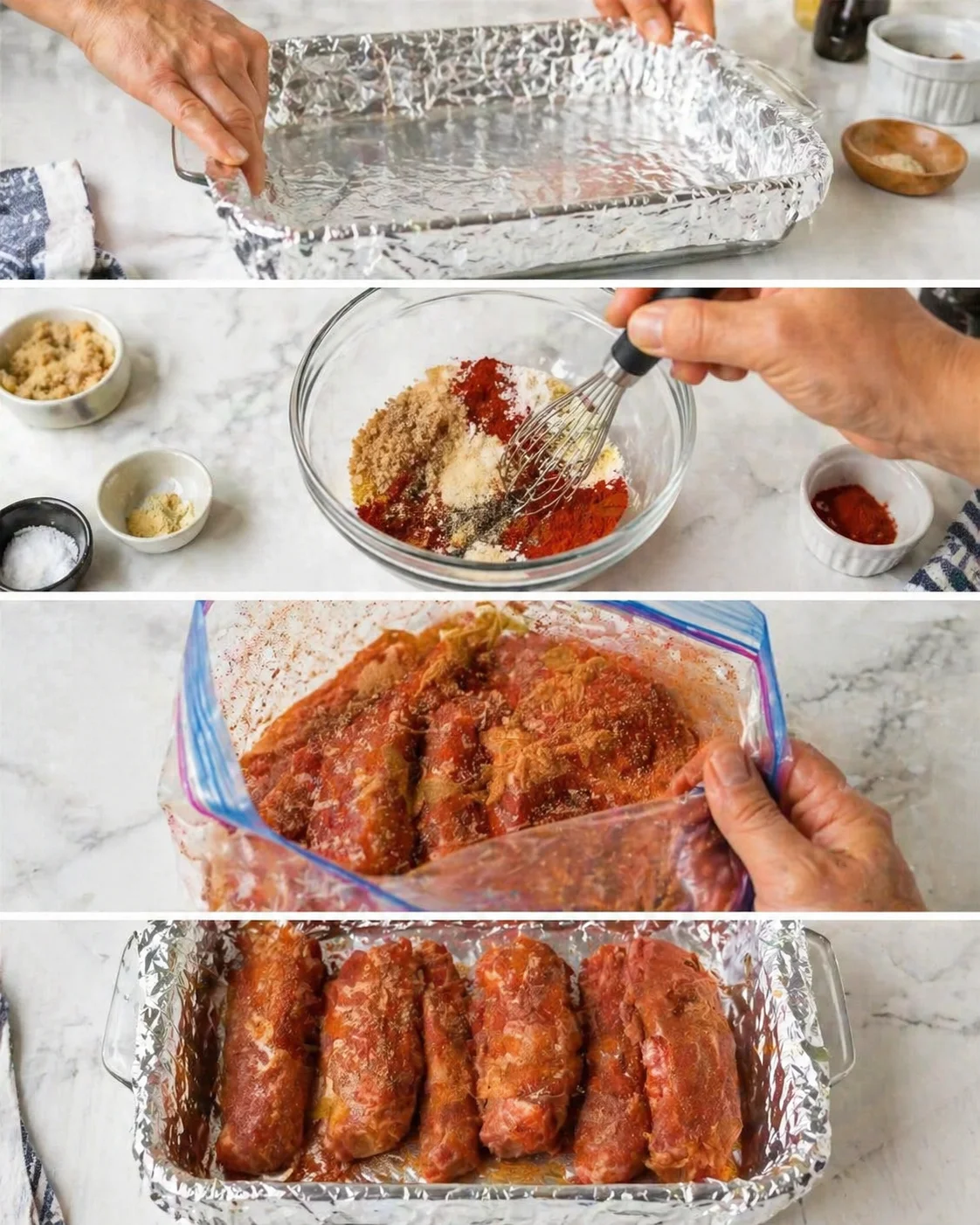Ribs coated in brown sugar-spice rub arranged fat-side-up in a foil-lined 13×9 baking dish.