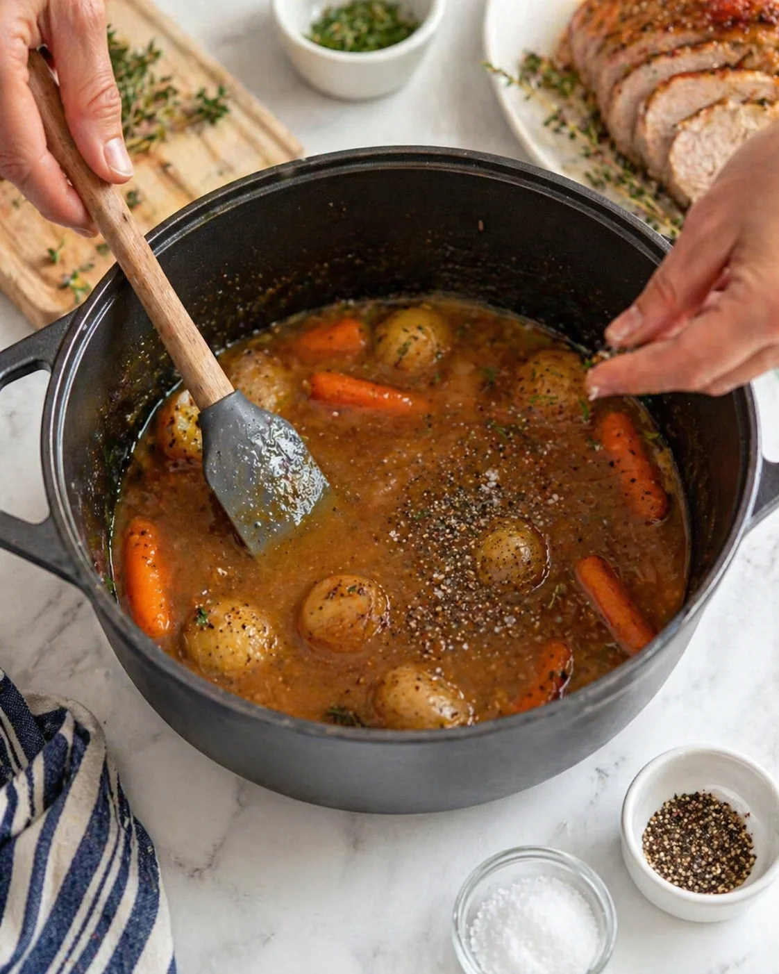 Gravy simmering in saucepan while cook tastes and seasons with salt and pepper.
