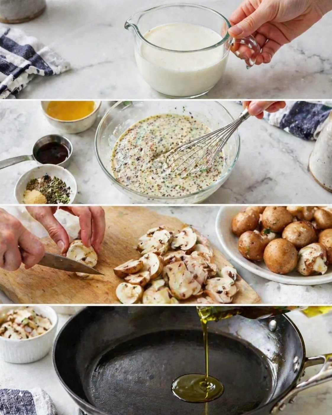 Whisked creamy sauce mixture in bowl beside neatly sliced, drying mushrooms and olive oil heating in skillet.