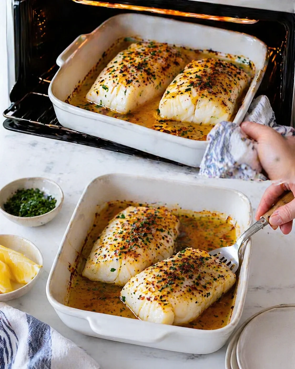 Golden-topped cod filets resting on baking sheet after brief broil, juices visible.