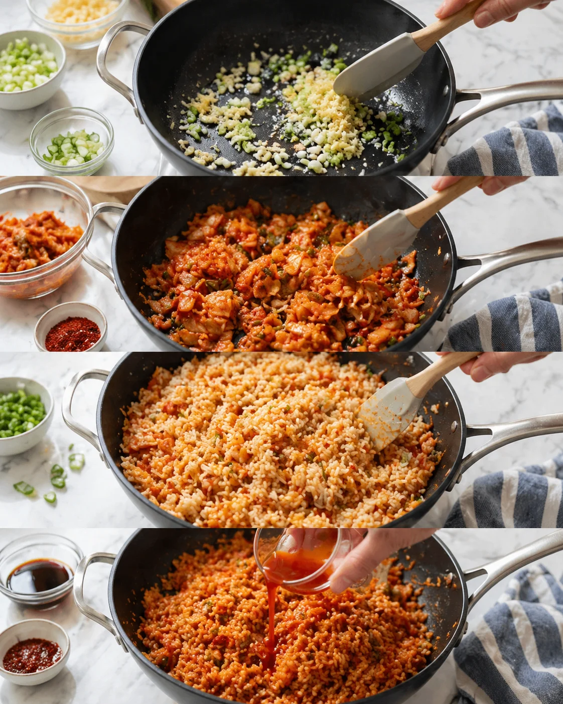 Garlic, ginger, and scallion whites sautéing, kimchi caramelizing, then day-old rice added and kimchi juice mixed in.