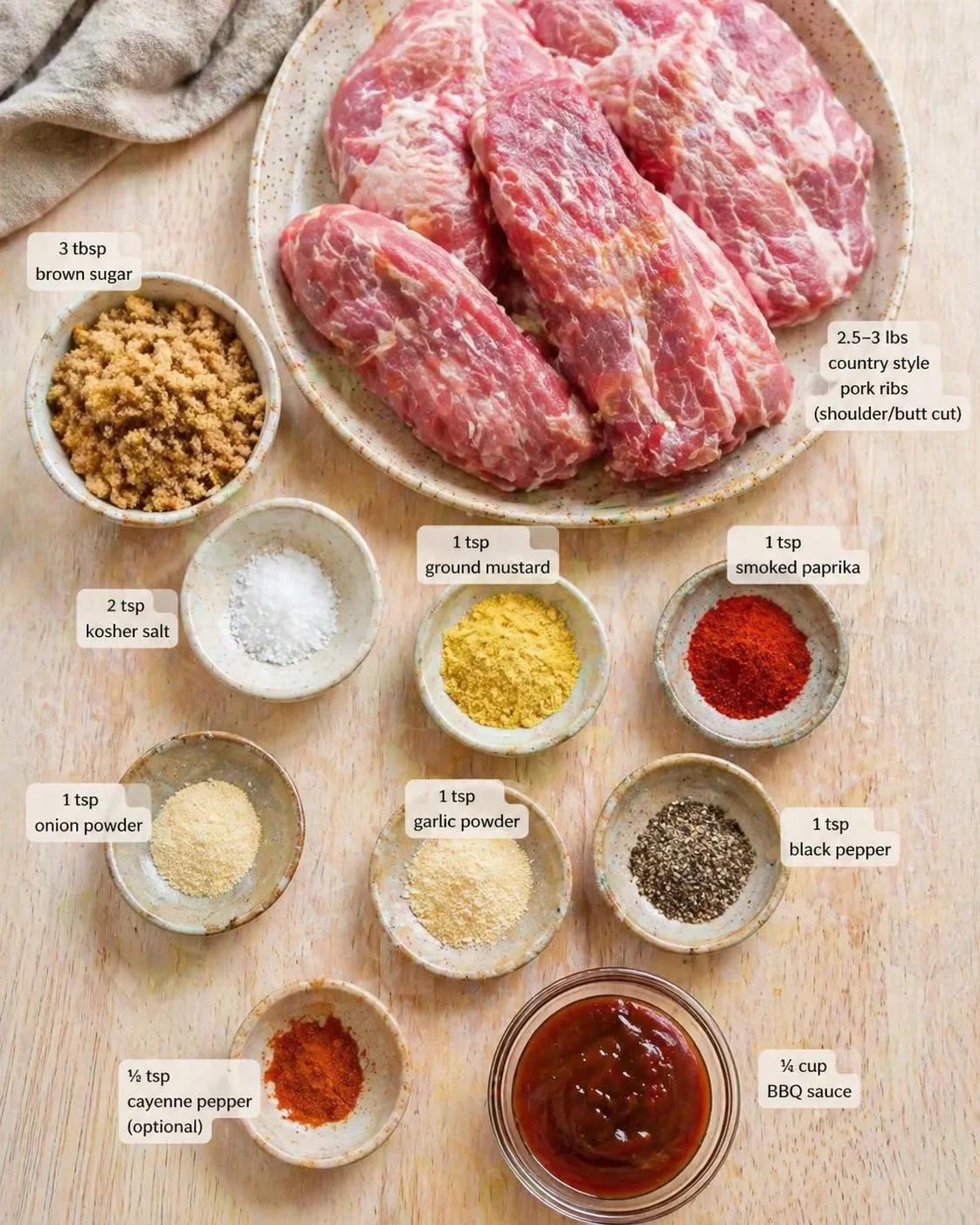 Measured ingredients arranged for Oven Roasted Country Style Pork Ribs (Tender, Juicy & Foolproof) - Snack On Meat: 2.5–3 lbs country style pork ribs (shoulder/butt cut), 3 tbsp brown sugar, 2 tsp kosher salt, 1 tsp grou