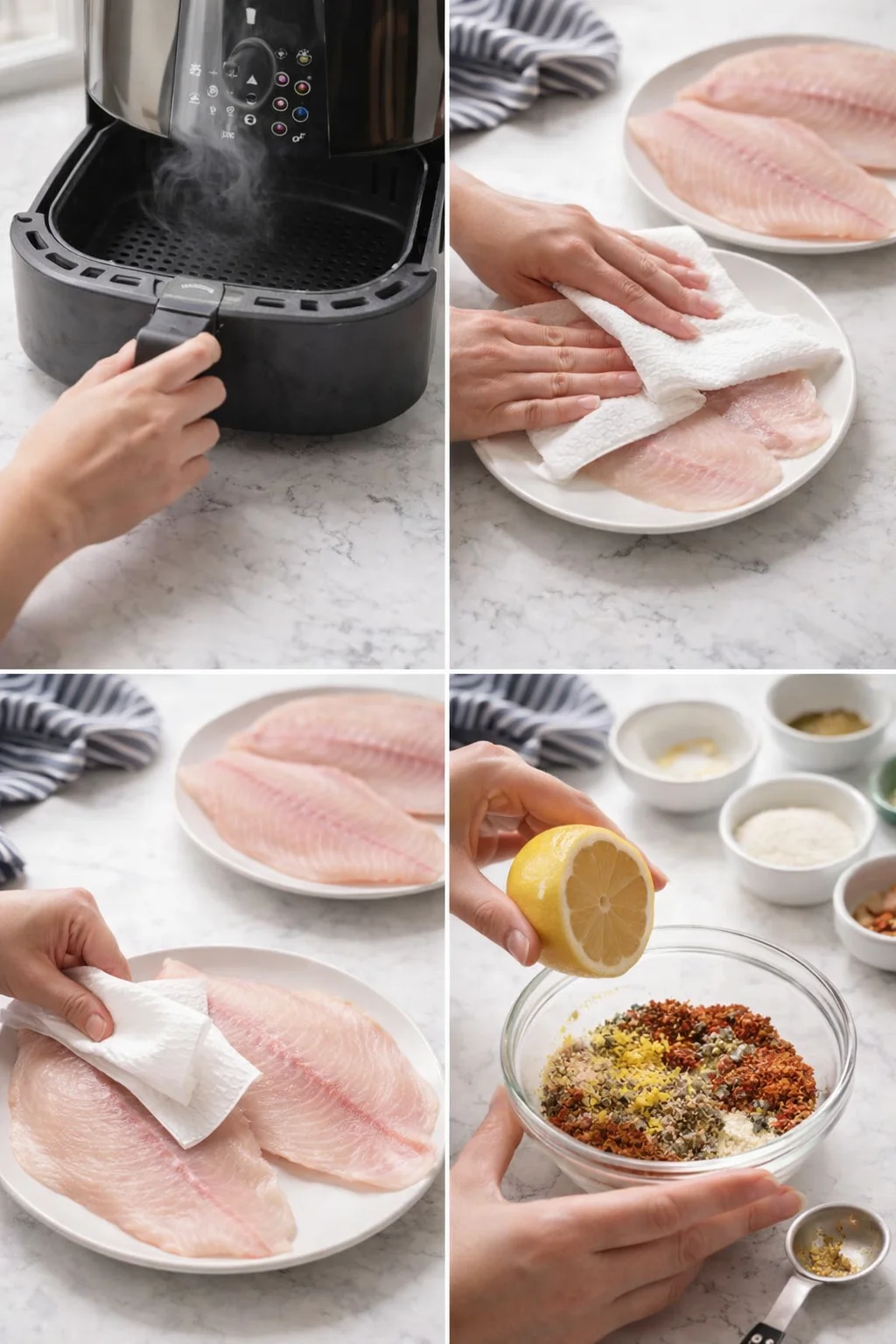 Four-panel collage showing fish prep for air frying: load, pat dry, season, and lemon squeeze.