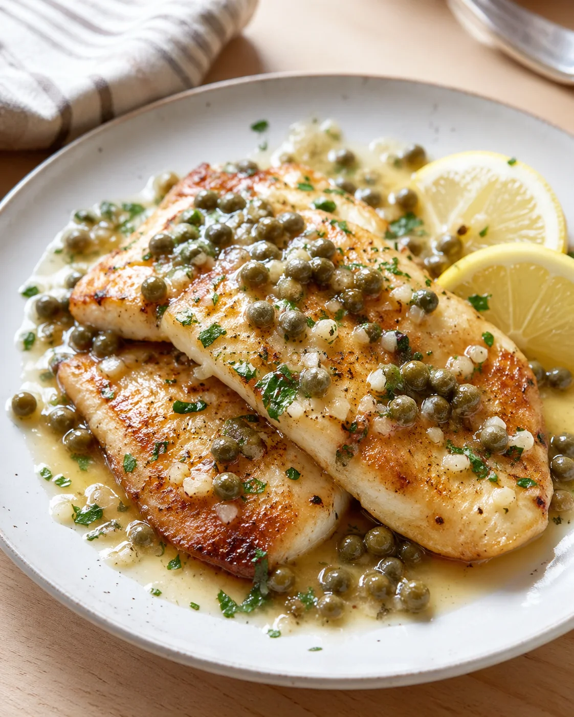 Single plated variation of Cod Piccata: An Incredible Ultimate Recipe You Must Try – Crispy Savors shown in a natural kitchen scene