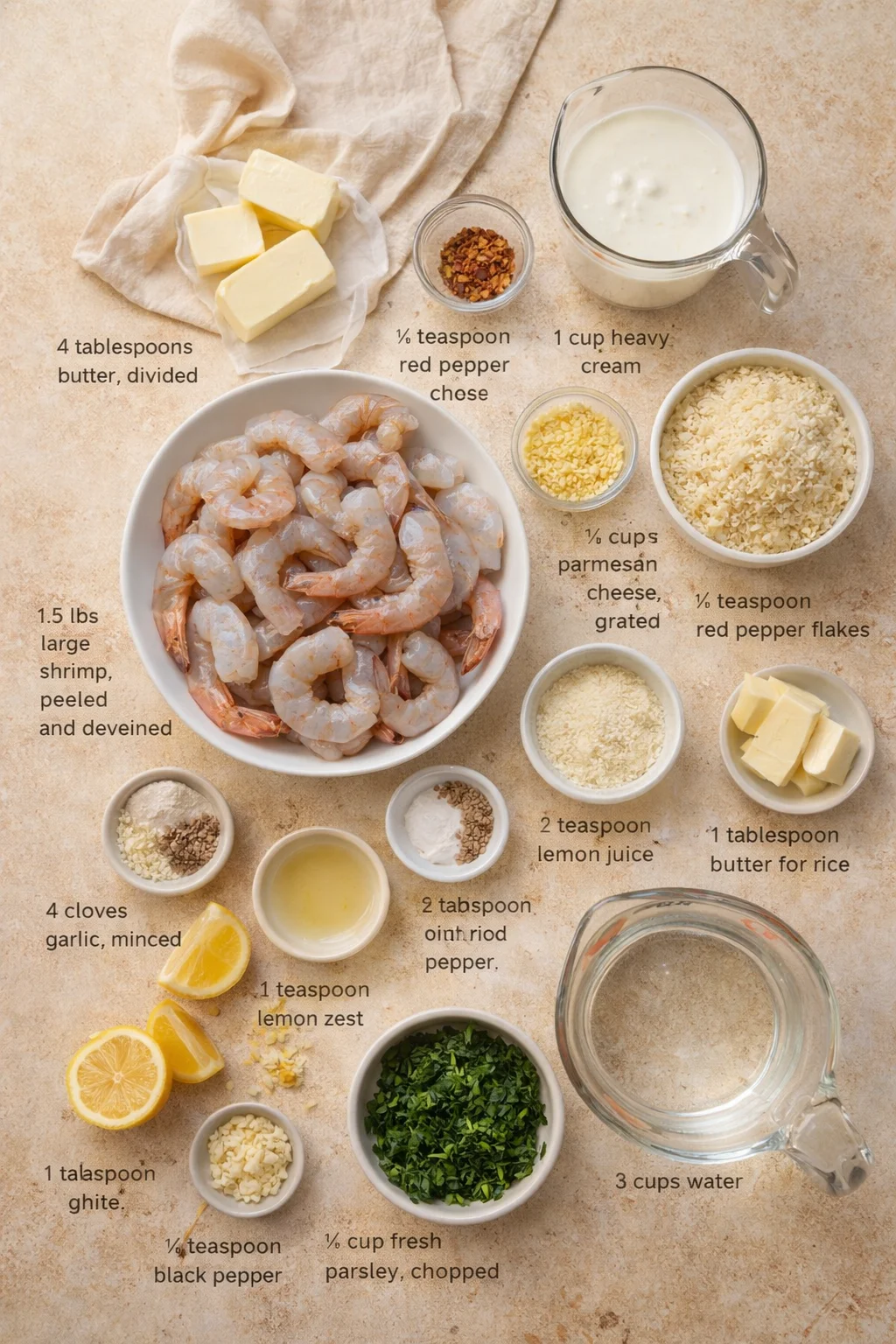 Measured ingredients arranged for Creamy Garlic Butter Shrimp with Rice: 1.5 pounds large shrimp, peeled and deveined, 4 tablespoons butter, divided, 4 cloves garlic, minced, 1 cup heavy cream, ½ cup parmesan cheese, gra