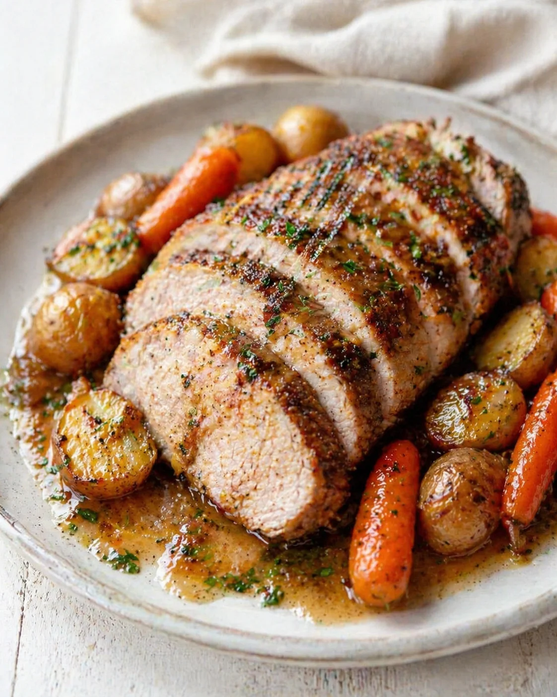 Single plated variation of Easy Dutch Oven Pork Loin Recipe shown in a natural kitchen scene
