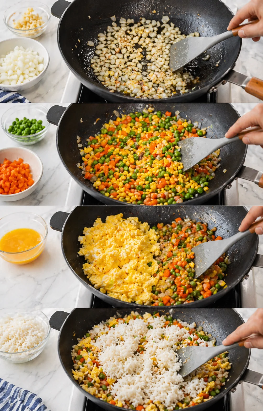 Garlic and onions sautéing, mixed vegetables and scrambled eggs stirred together as rice is added.