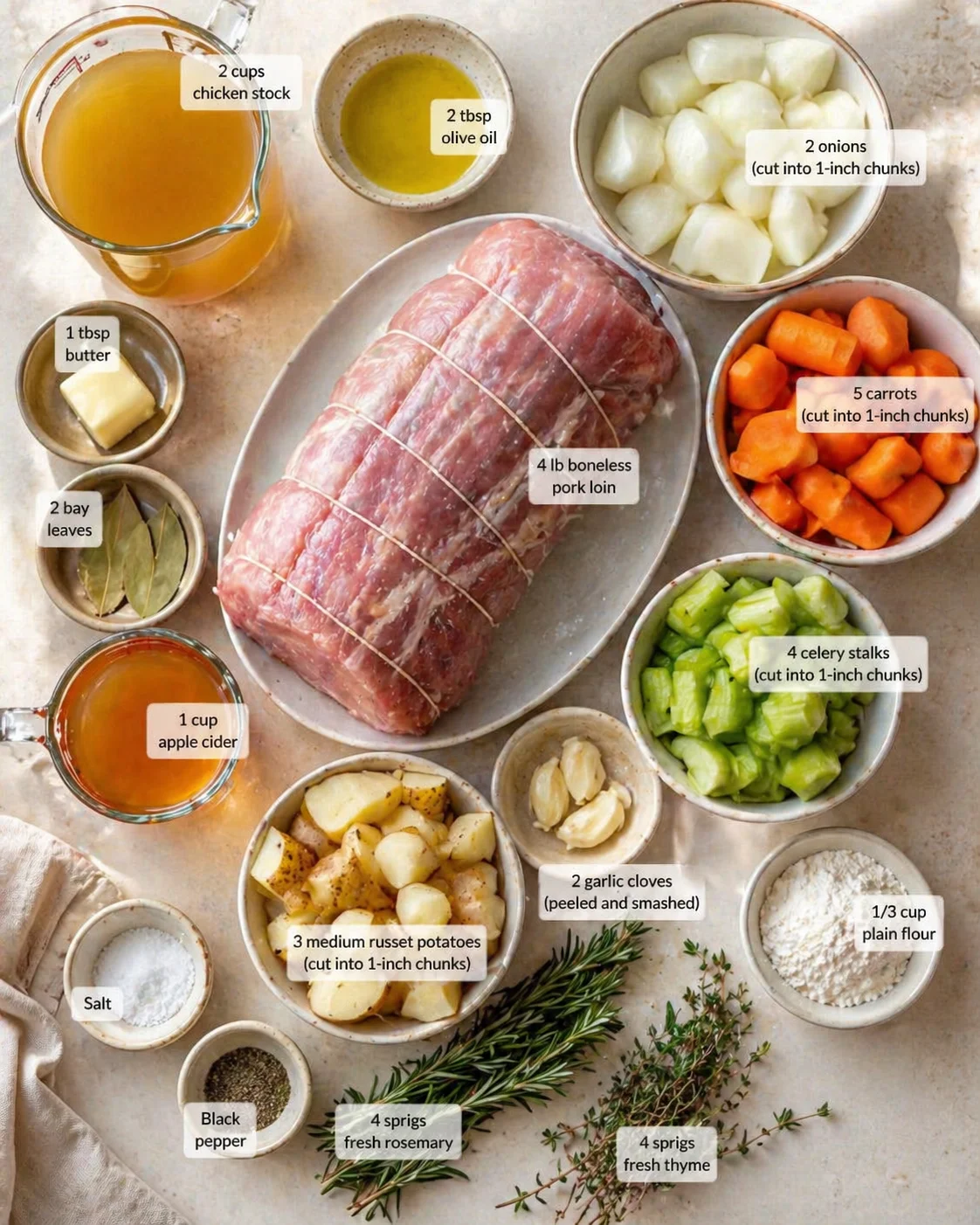 Measured ingredients arranged for Easy Dutch Oven Pork Loin Recipe: 2 bay leaves, Salt, 2 cups chicken stock (I usually go with Swanson’s chicken stock), 2 tbsp olive oil (or any neutral oil like avocado works great), 4 