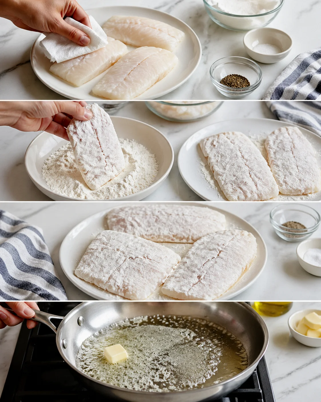 Floured cod fillets resting on paper towels beside skillet with oil and foaming butter.