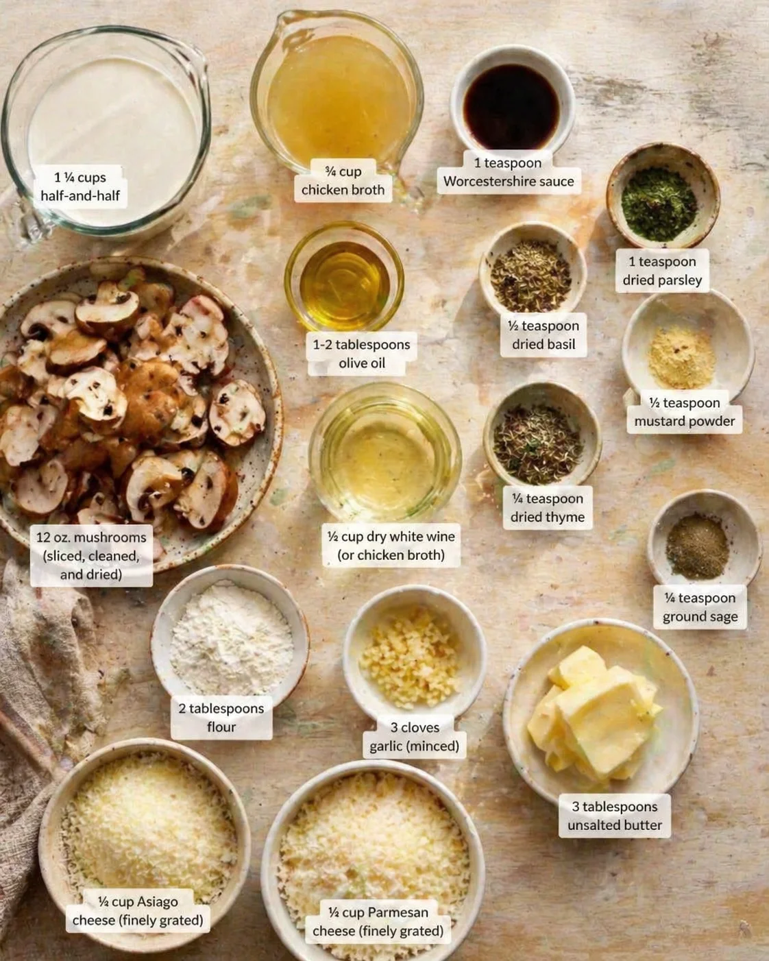 Measured ingredients arranged for Savory Mushroom Ravioli Sauce: A Comforting Italian Delight: 1 ¼ cups half-and-half (half cream, half milk), ¾ cup chicken broth, 1 teaspoon Worcestershire sauce, 1 teaspoon dried parsle