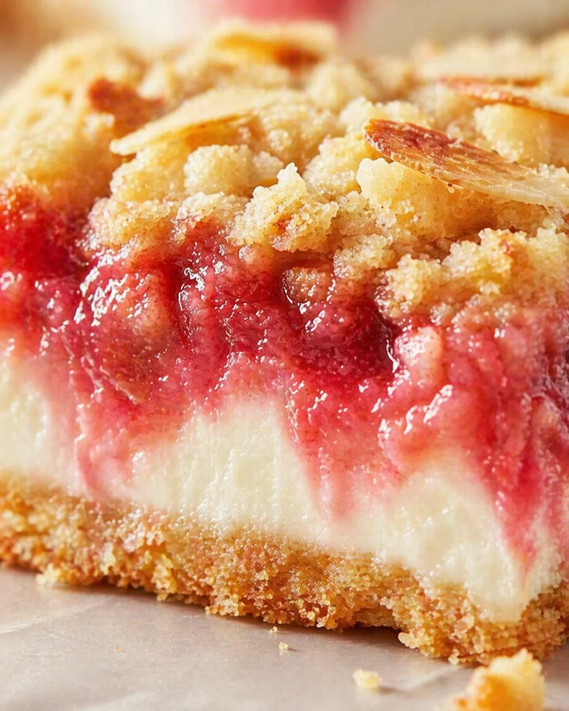close-up of a berry cheesecake bar with a crumb crust, creamy filling, and jam.