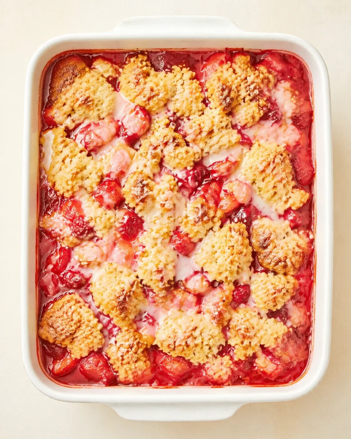 white casserole filled with golden berry cobbler topping and red fruit filling