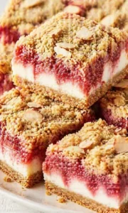 Crumble-topped berry cheesecake bars with almond slices on a white surface.